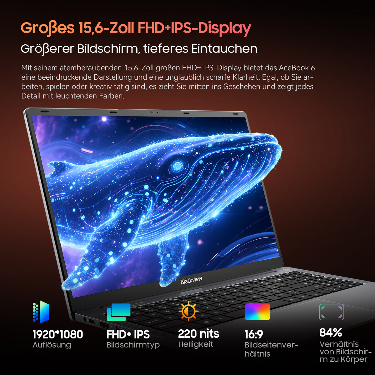 Ein Laptop zeigt ein Walbild. Text hebt Display-Eigenschaften hervor: FHD+IPS, 15,6 Zoll und 220 Nits Helligkeit. Blackview-Logo sichtbar.