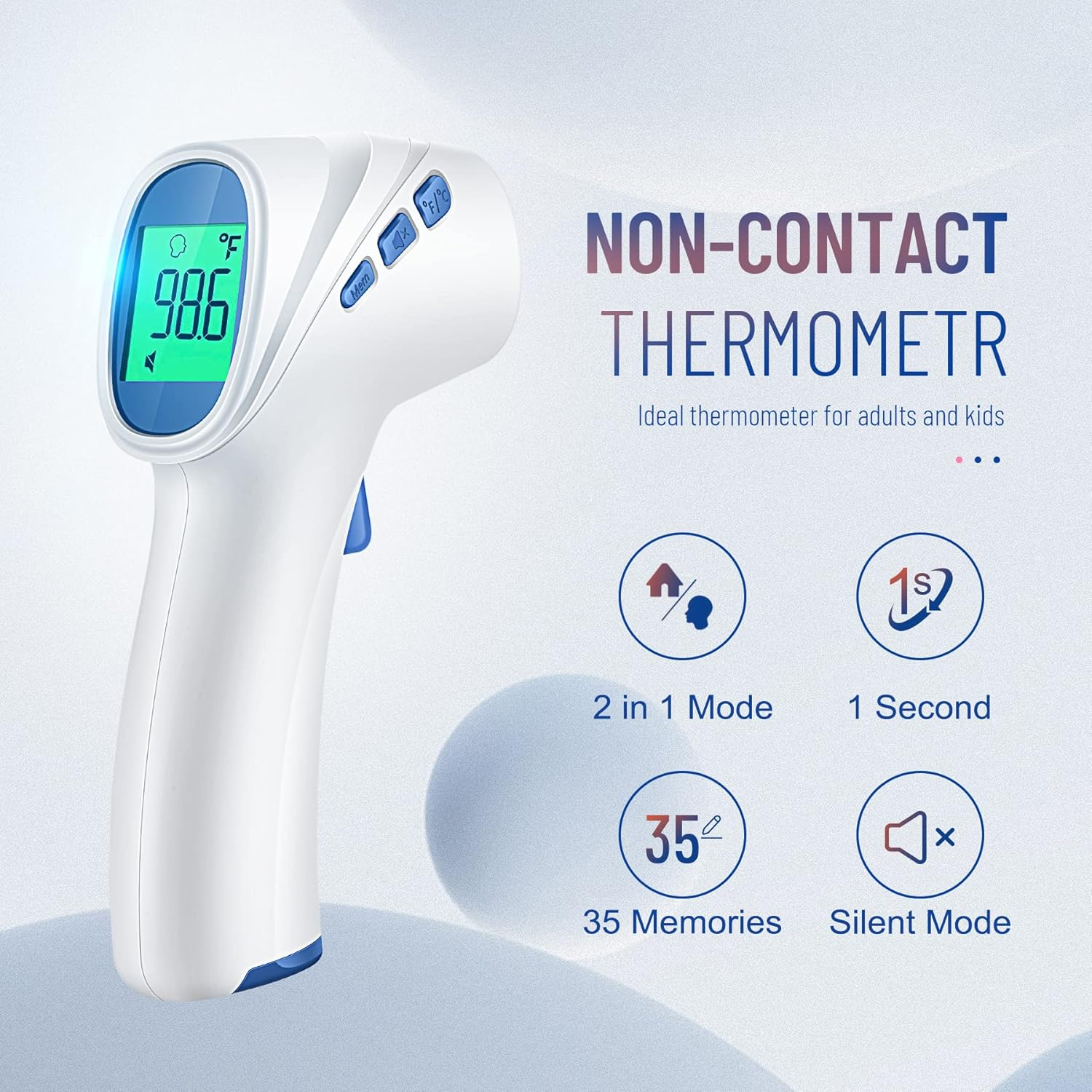 Ein weißes und blaues kontaktloses Thermometer mit digitaler Anzeige von 98,6 °F. Text hebt Funktionen wie 2-in-1-Modus und lautlosen Modus hervor.