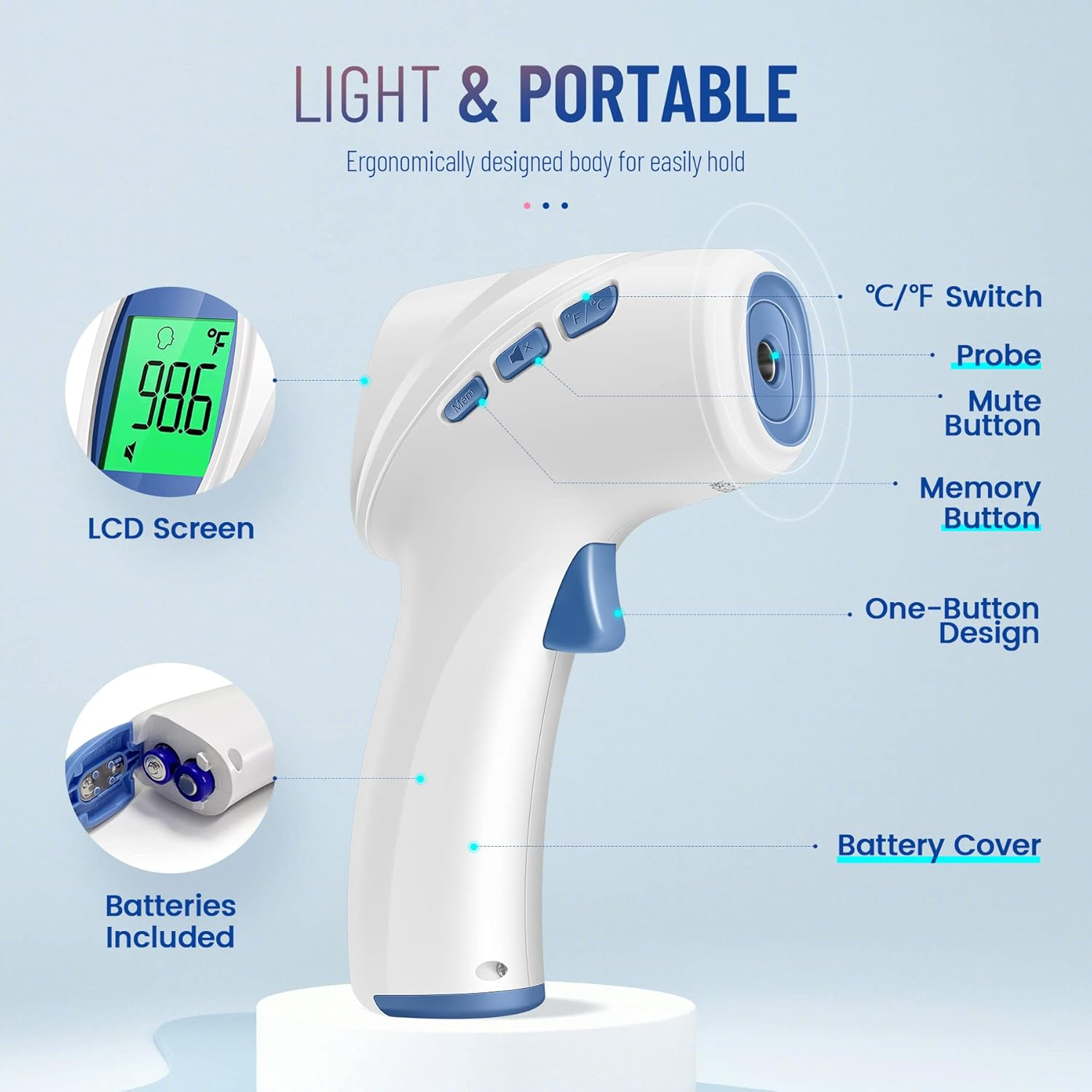 Ein weiß-blaues Infrarot-Thermometer mit grünem LCD-Bildschirm, der 98,6 Grad Fahrenheit anzeigt. Beschriftete Komponenten sind sichtbar.