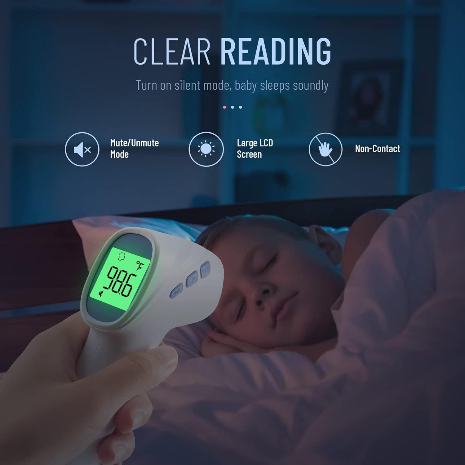 Eine Hand hält ein Thermometer mit 98,6°F in der Nähe eines schlafenden Kindes. Text: 'KLARE MESSUNG'.