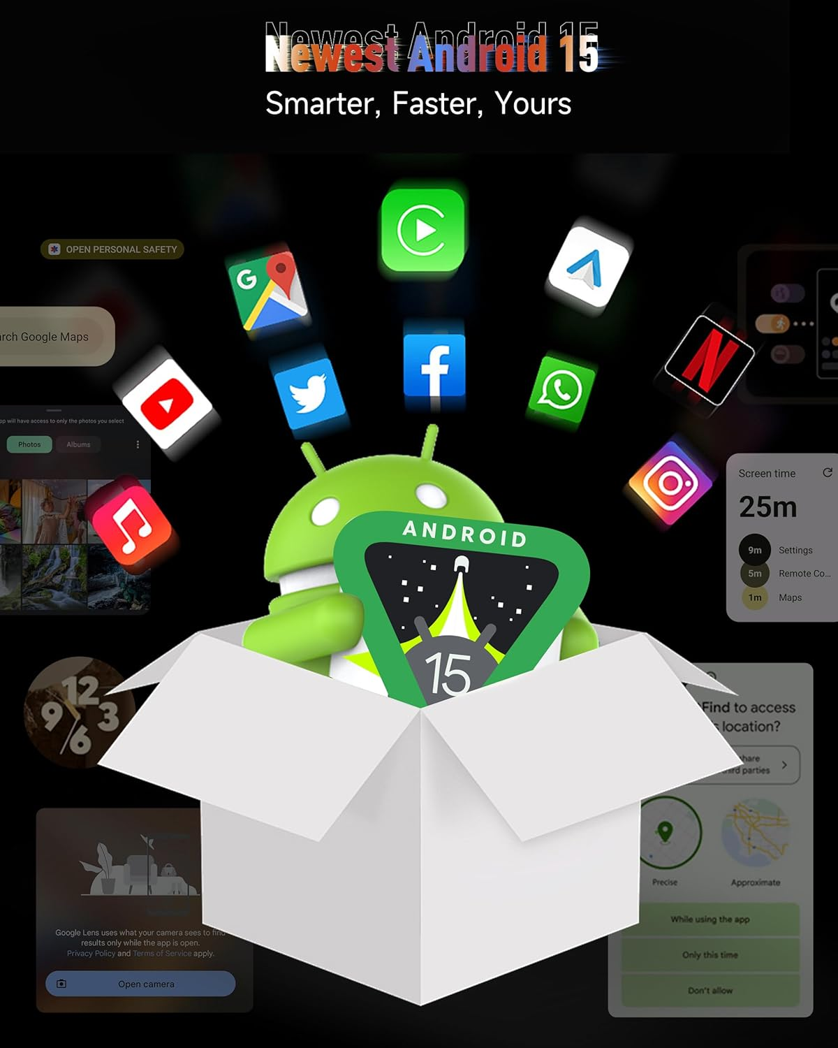 Android 15-Werbung mit App-Symbolen, einer grünen Android-Figur und einer Box mit der Aufschrift "Android 15". Der Hintergrund ist dunkel.