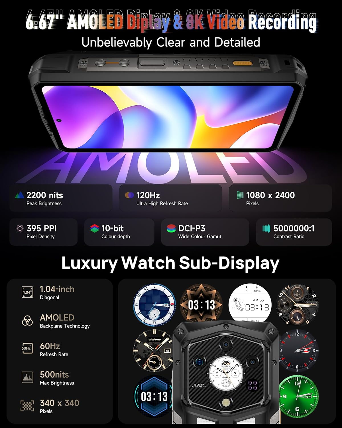 Ein Smartphone mit AMOLED-Display und Sub-Display mit Zifferblättern. Zu den Spezifikationen gehören 120 Hz Bildwiederholfrequenz, 2200 Nits Helligkeit und 8K-Video.