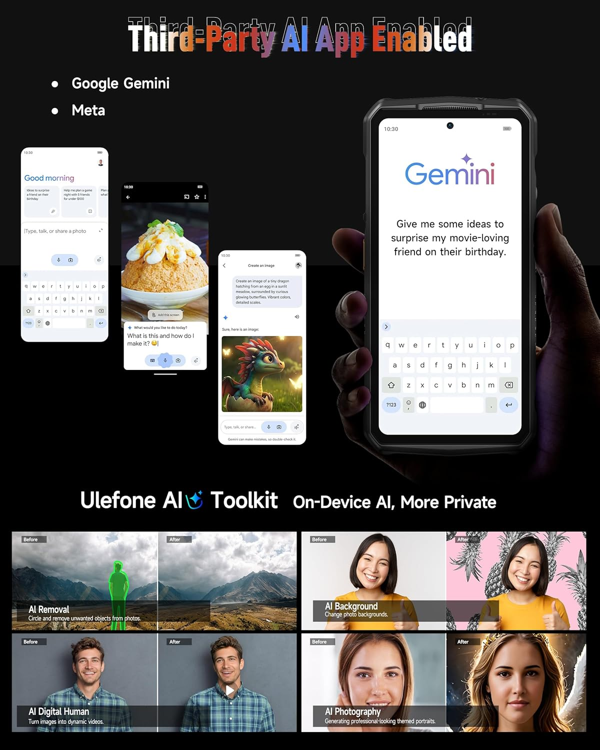 Eine Person hält ein Telefon mit Gemini auf dem Bildschirm. Andere Bildschirme zeigen KI-Funktionen und Vorher/Nachher-Bildbeispiele.