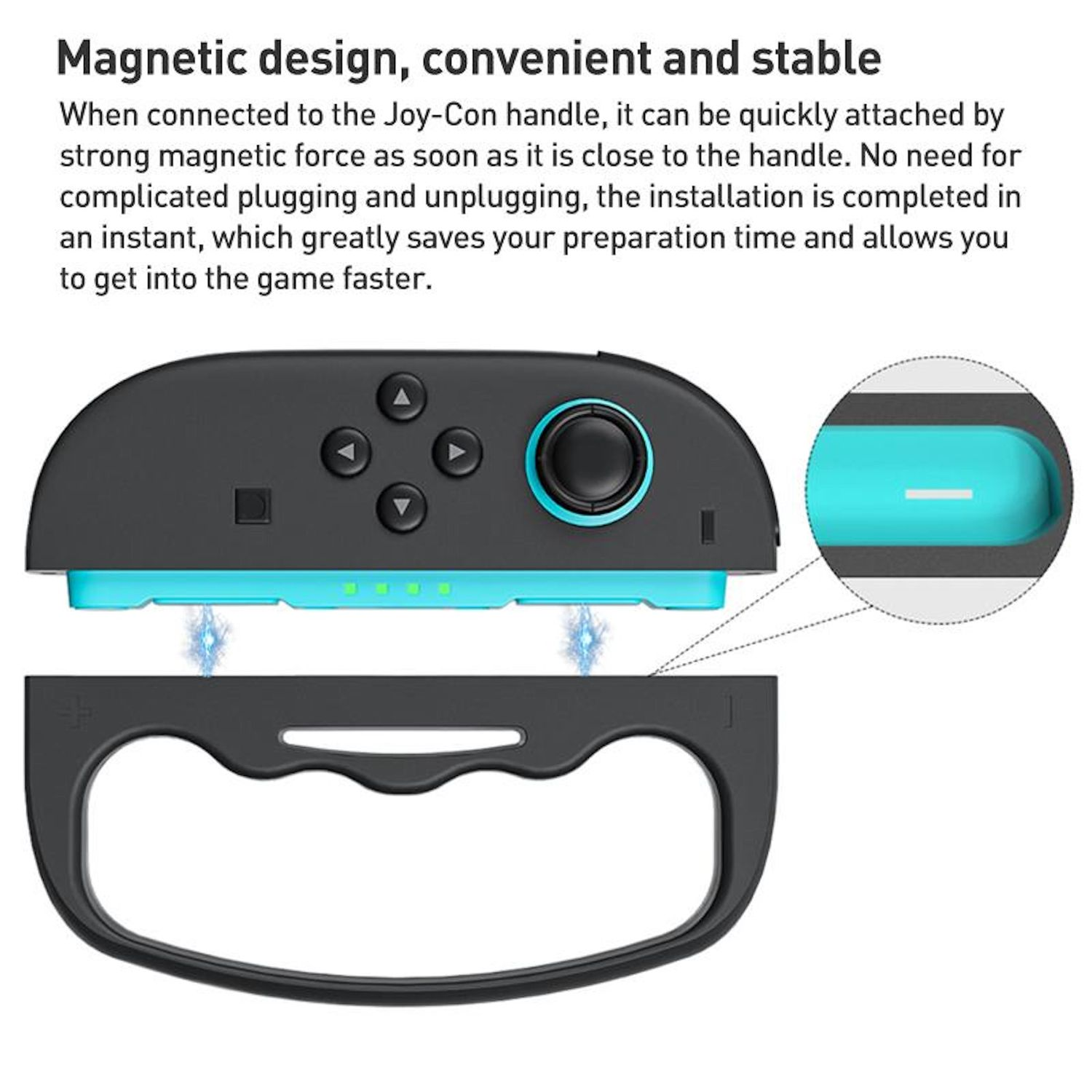 Se muestra un mando de juego Joy-Con y una empuñadura. El mando es negro y verde azulado, con una empuñadura. La empuñadura es negra.