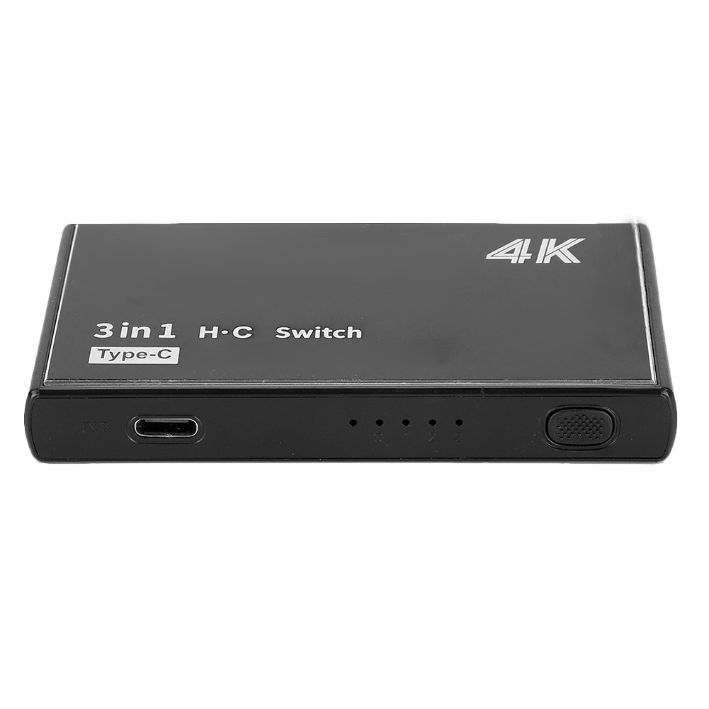 Schwarzer 3-in-1-H.C-Schalter mit 4K-Etikett. Es hat einen USB-C-Anschluss. Es gibt vier kleine Kontrollleuchten und eine Taste.