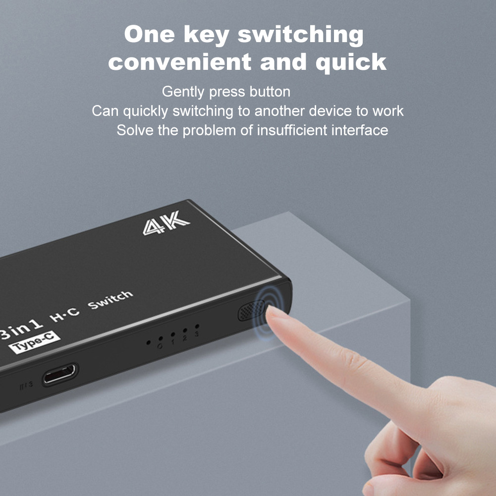 Eine Hand berührt eine Taste an einem schwarzen Schalter mit der Aufschrift '3in1 H-C Switch'. Der Text oben lautet: 'One key switching convenient and quick.'