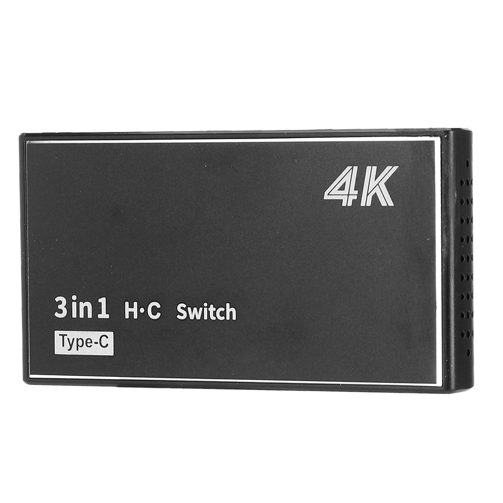 Ein schwarzer 3-in-1-Schalter mit 4K-Label und Typ-C. Der Schalter hat einen schwarzen Rahmen und kleine Löcher.