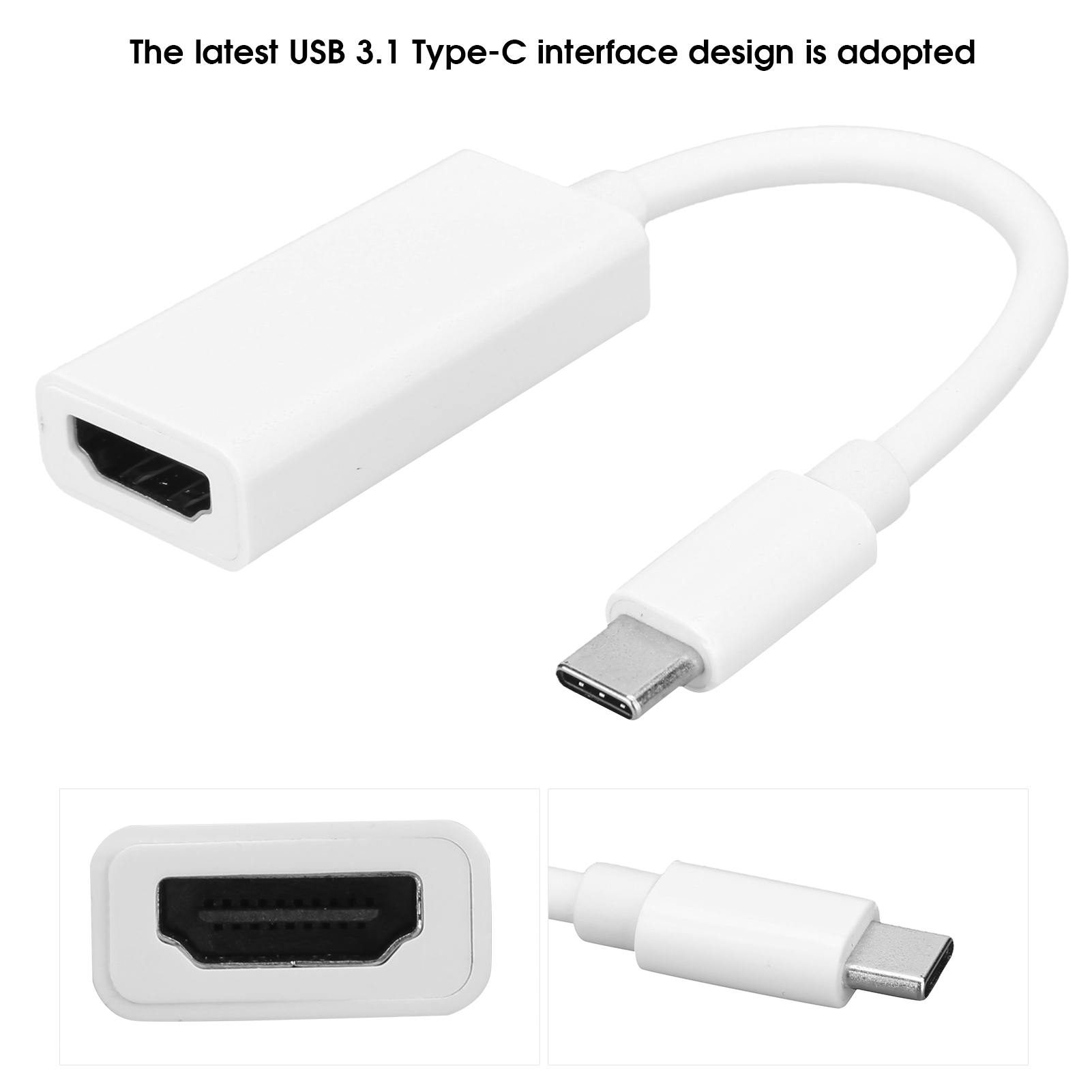 Weißer USB-C-zu-HDMI-Adapter. Der Adapter hat ein weißes Kabel und Anschlüsse. Zwei Nahaufnahmen der Anschlüsse sind ebenfalls zu sehen.
