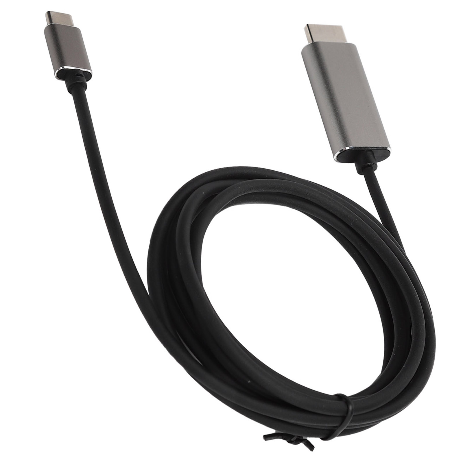 Ein schwarzes USB-C-Kabel auf weißem Hintergrund. Es hat silberne Stecker an jedem Ende und ist aufgerollt.