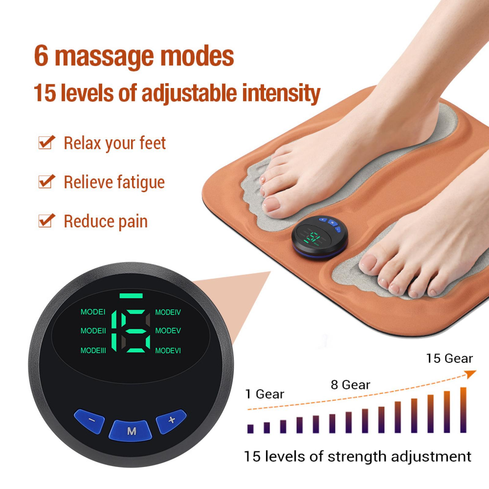 Das Bild zeigt ein Fußmassagegerät mit Füßen darauf. Es zeigt Massagemodi, Intensitätsstufen und Vorteile wie die Entspannung der Füße.