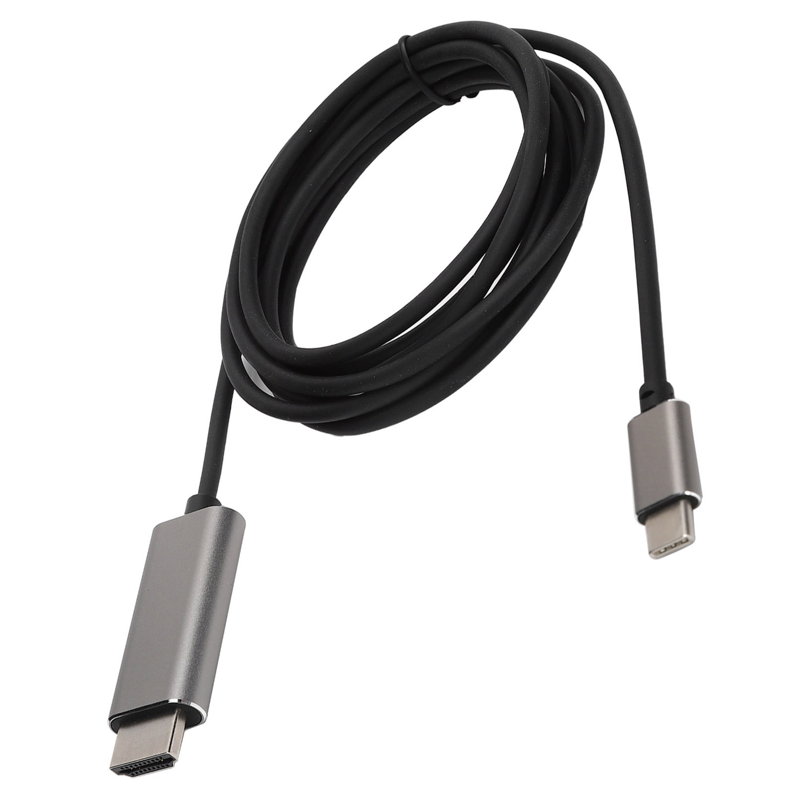 Ein schwarzes Kabel mit silbernen Steckern liegt vor weißem Hintergrund. Das Kabel hat zwei verschiedene Stecker.