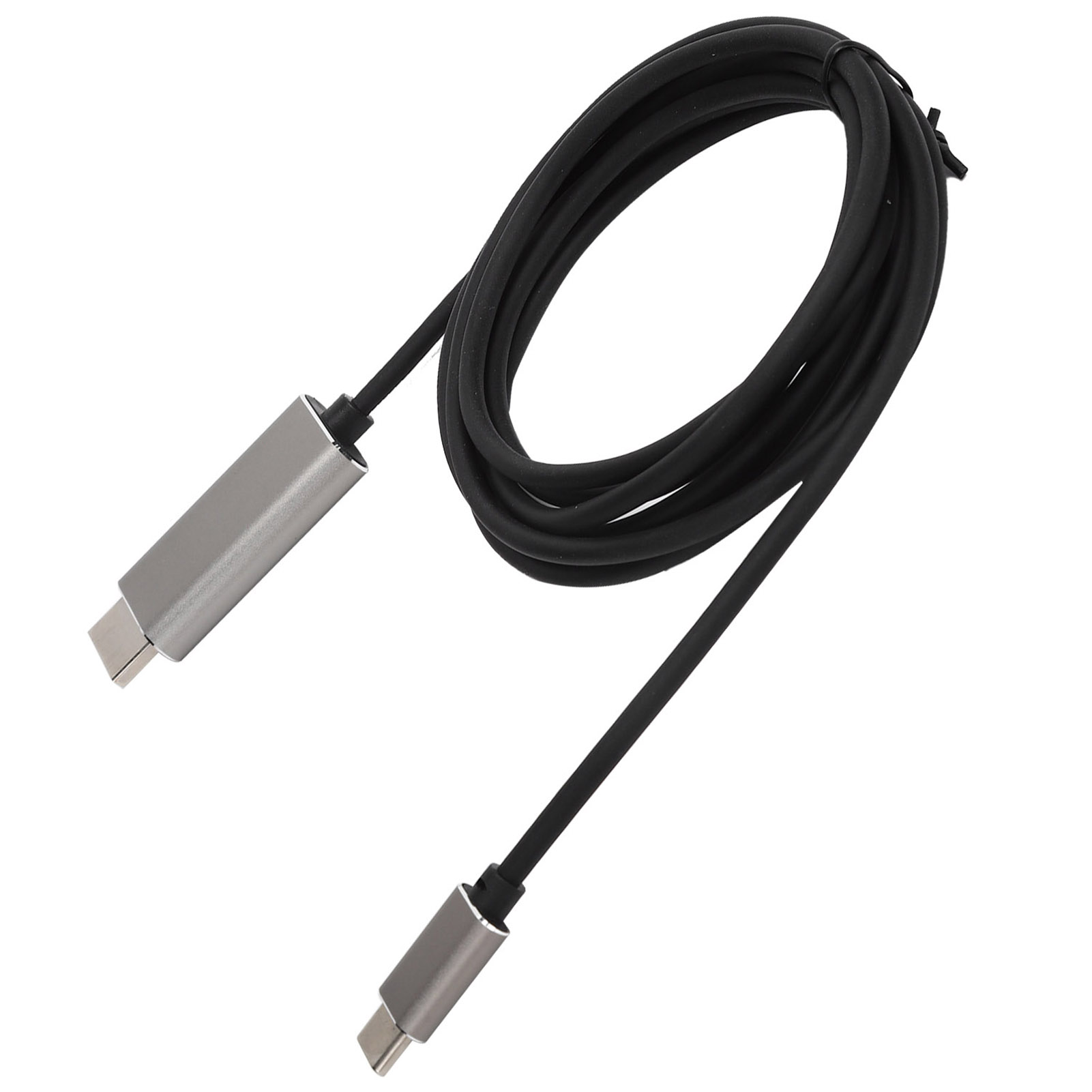 Ein schwarzes USB-C-Kabel, aufgerollt, mit silbernen Steckern an jedem Ende. Der Hintergrund ist weiß.