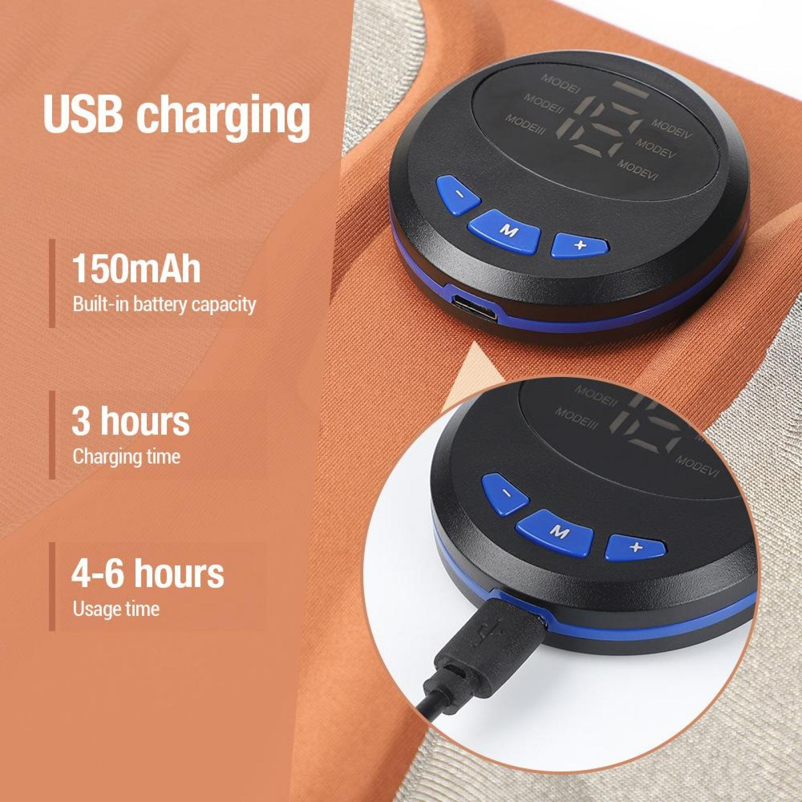 Bild zeigt zwei schwarze Geräte mit Bildschirmen und Knöpfen, wahrscheinlich zur Muskelstimulation. Text zeigt USB-Aufladung und Akkuspezifikationen.