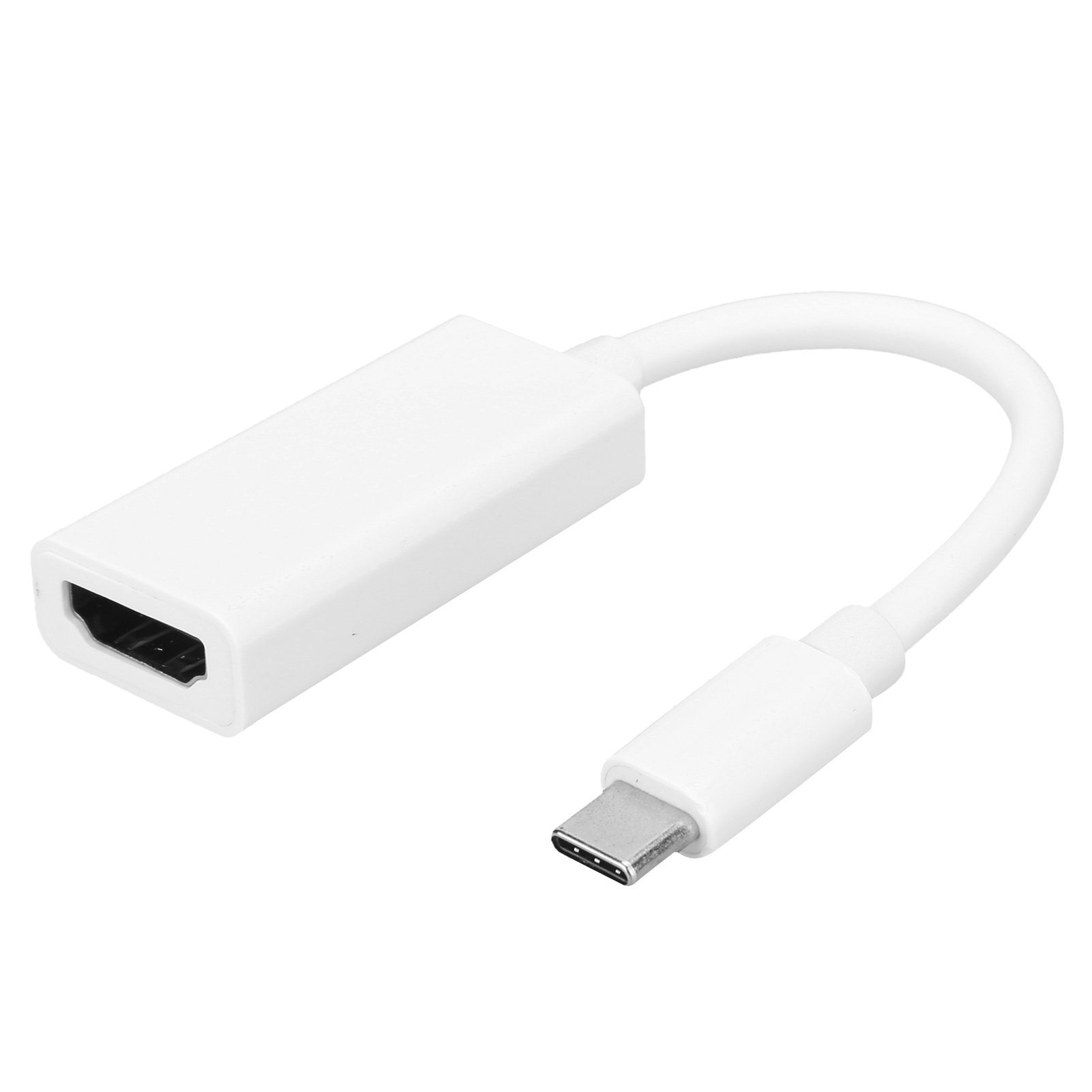 Ein weißer HDMI-zu-USB-C-Adapter. Der Adapter hat ein rechteckiges HDMI-Ende und ein USB-C-Ende, verbunden durch ein gebogenes Kabel.