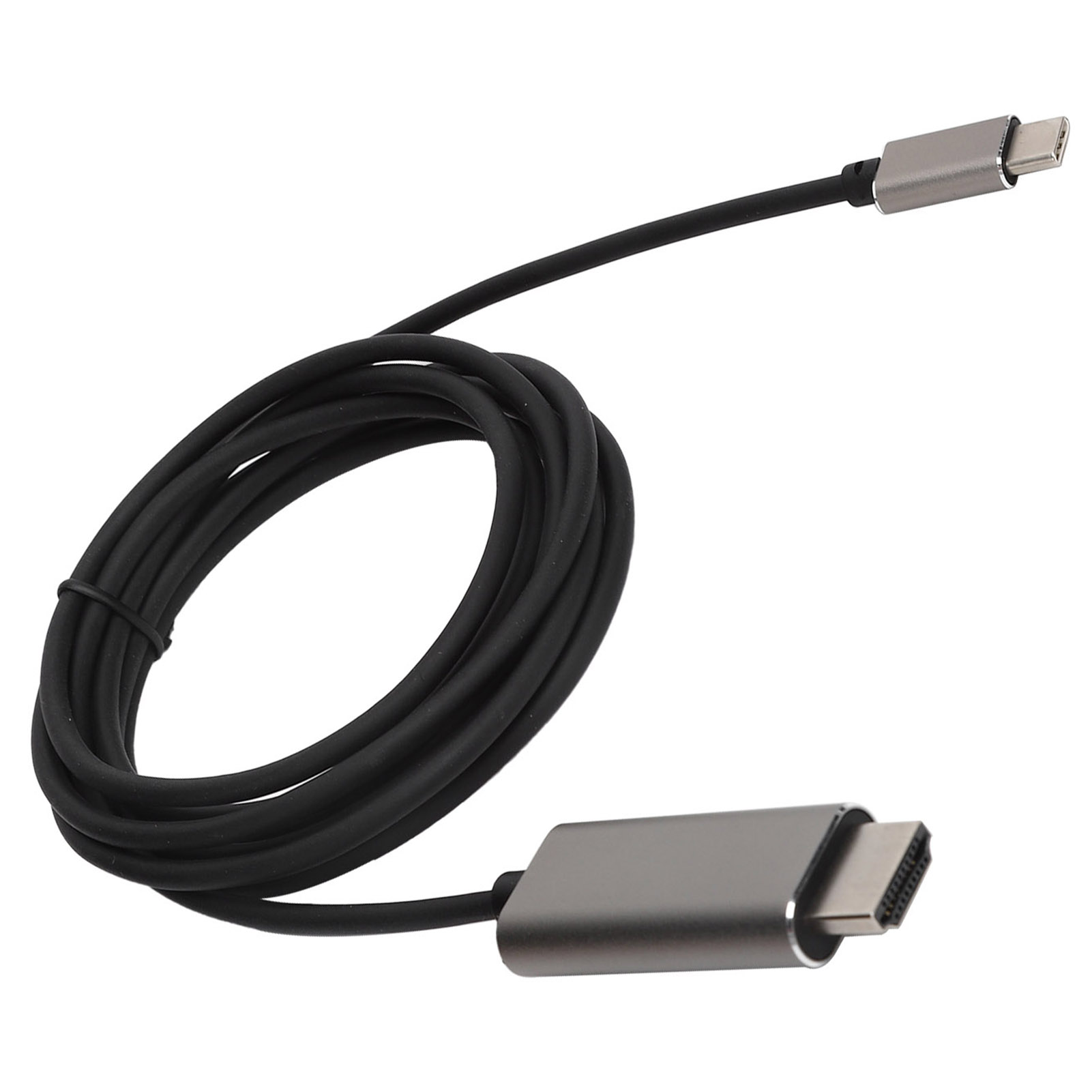 Ein schwarzes HDMI-Kabel mit einem USB-C-Anschluss und einem HDMI-Anschluss. Das Kabel ist aufgerollt.