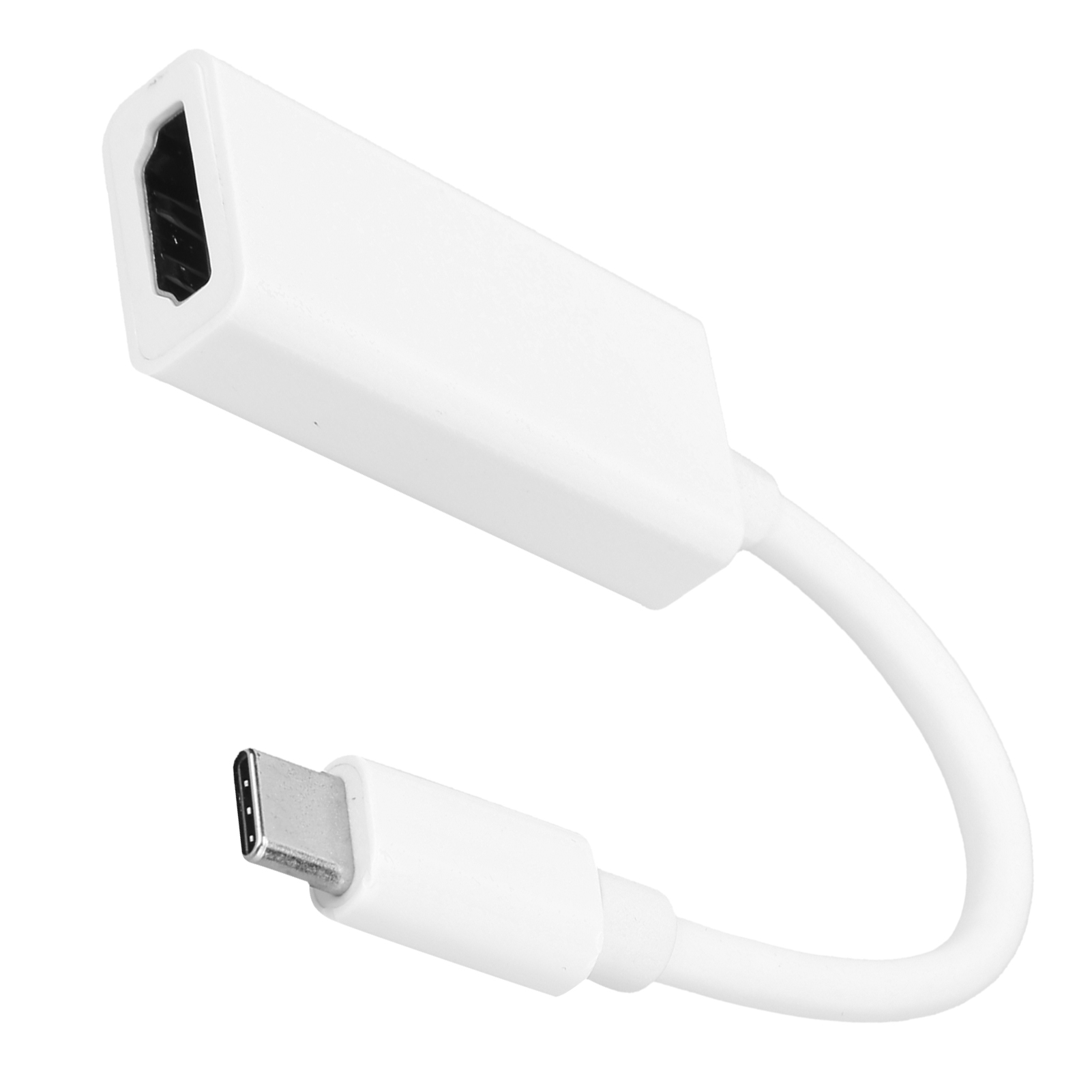 Ein weißer HDMI-zu-USB-C-Adapter. Das HDMI-Ende ist rechteckig. Das USB-C-Ende ist klein und metallisch.