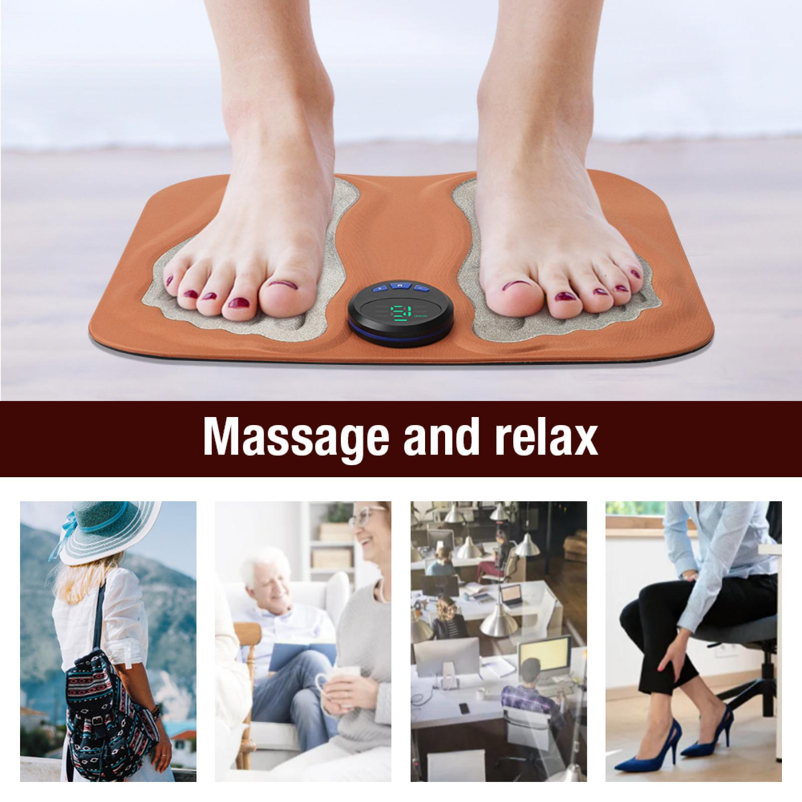 Füße auf einem Massagepad. Das Pad ist braun mit grauen Fußstützen. In der Mitte befindet sich ein Bedienfeld. Das Bild zeigt auch vier verschiedene Szenen.