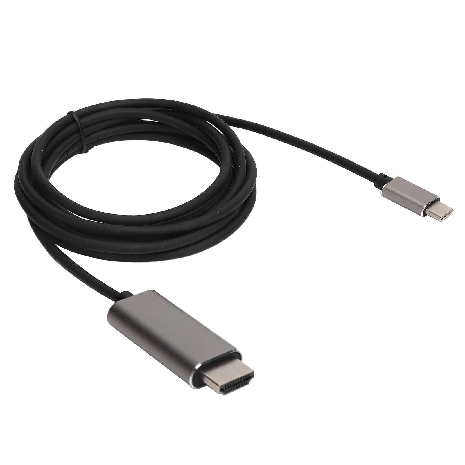 Schwarzes Kabel mit zwei grauen Steckern, einem HDMI- und einem USB-C-Stecker, auf weißem Hintergrund aufgerollt.