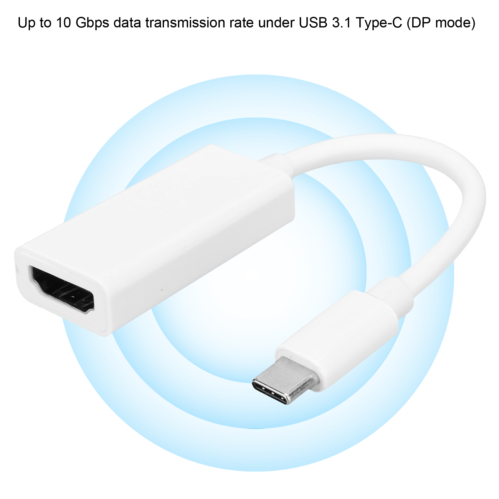Weißer Adapter mit HDMI- und USB-C-Anschlüssen. Blauer Hintergrund. Text: Bis zu 10 Gbit/s Datenübertragungsrate unter USB 3.1 Type-C (DP-Modus).