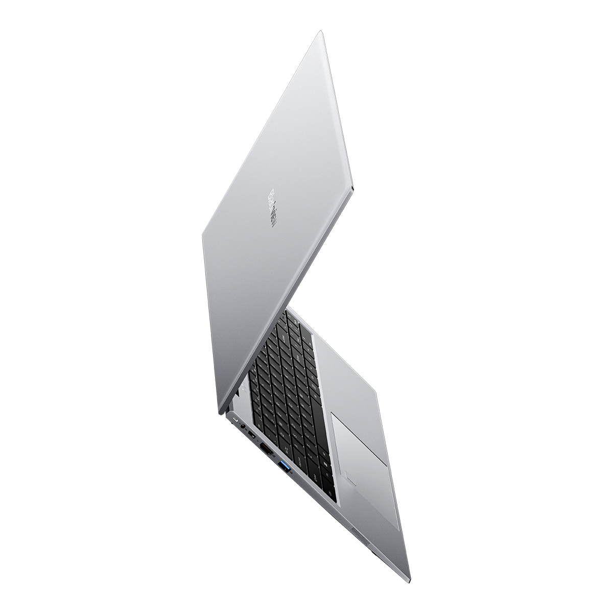 Silberner Laptop, leicht geöffnet, schräge Ansicht. Tastatur und Touchpad sichtbar. Weißer Hintergrund.