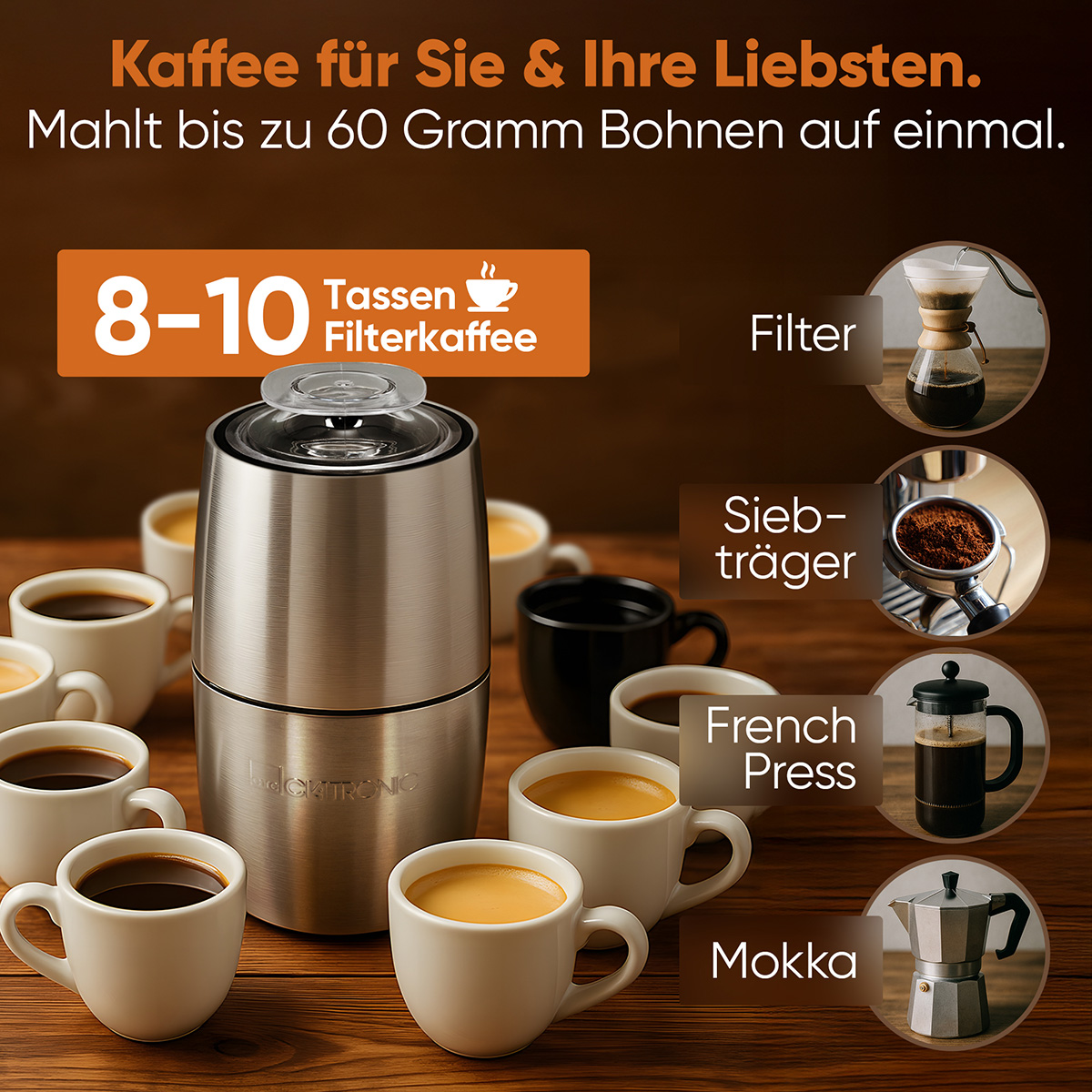 Kaffeemühle mit Kaffeetassen und Brühgeräten wie Filter, French Press und Mokka-Kanne. Text lautet 'Kaffee für Sie & Ihre Liebsten'.