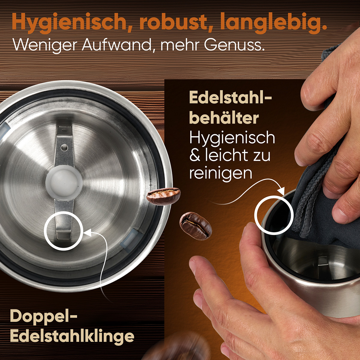 Nahaufnahme eines Kaffee-Mahlers mit Edelstahlbehälter. Zwei Hände reinigen ihn mit einem Tuch. Kaffeebohnen sind verstreut.