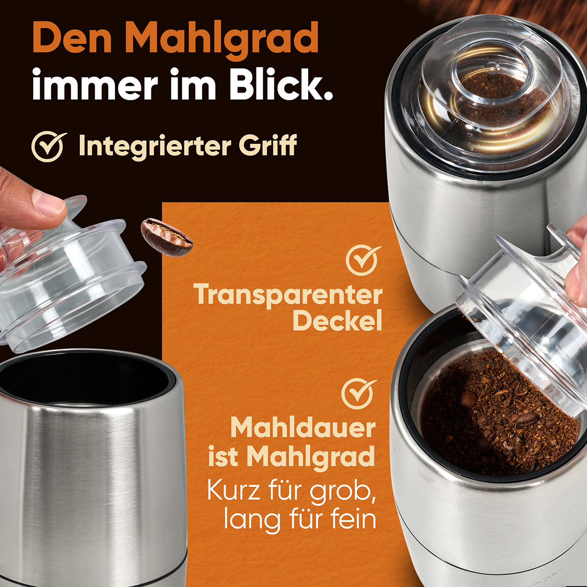 Eine Kaffeemühle mit transparenten Deckeln wird gezeigt. Gemahlener Kaffee ist sichtbar. Text enthält Merkmale und Sätze wie "integrierter Griff".