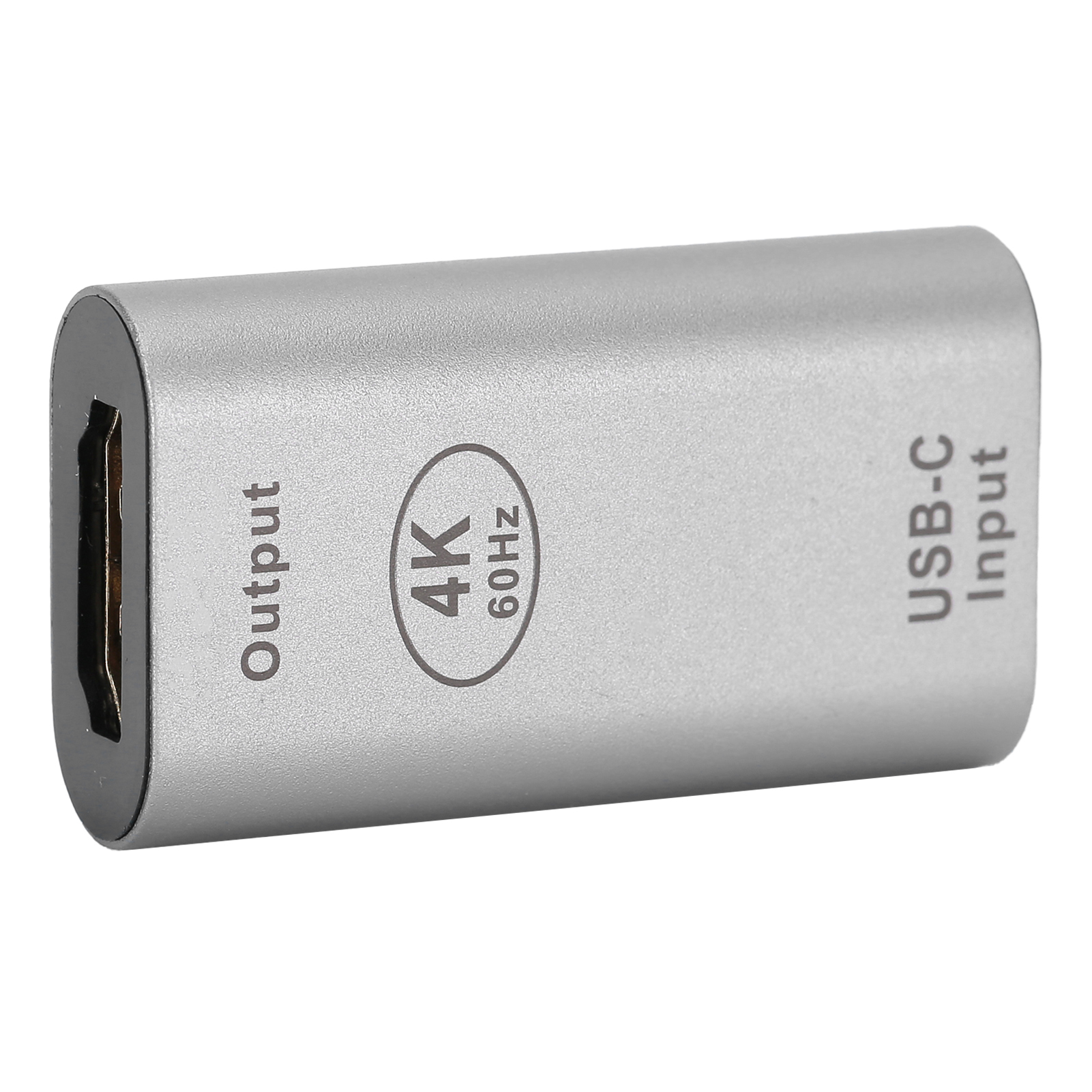 Silberner USB-C-zu-HDMI-Adapter. Er hat die Aufschriften 'Output' und 'USB-C Input'. Enthält die Angabe '4K 60Hz'.