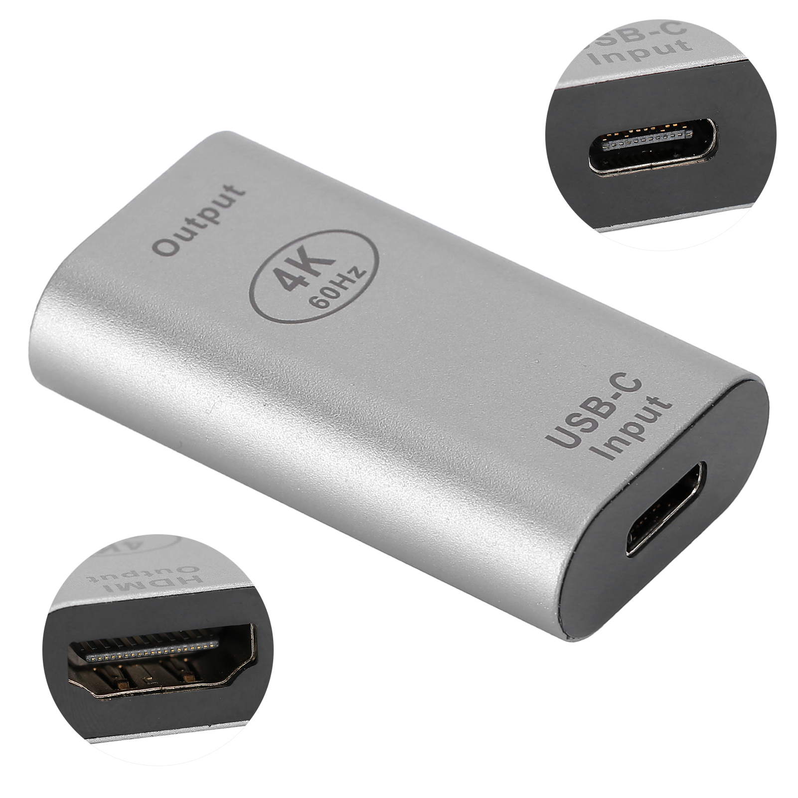 Silberner USB-C-zu-HDMI-Adapter. Er hat USB-C- und HDMI-Anschlüsse, gekennzeichnet als Eingang und Ausgang, mit 4K 60Hz Logo.