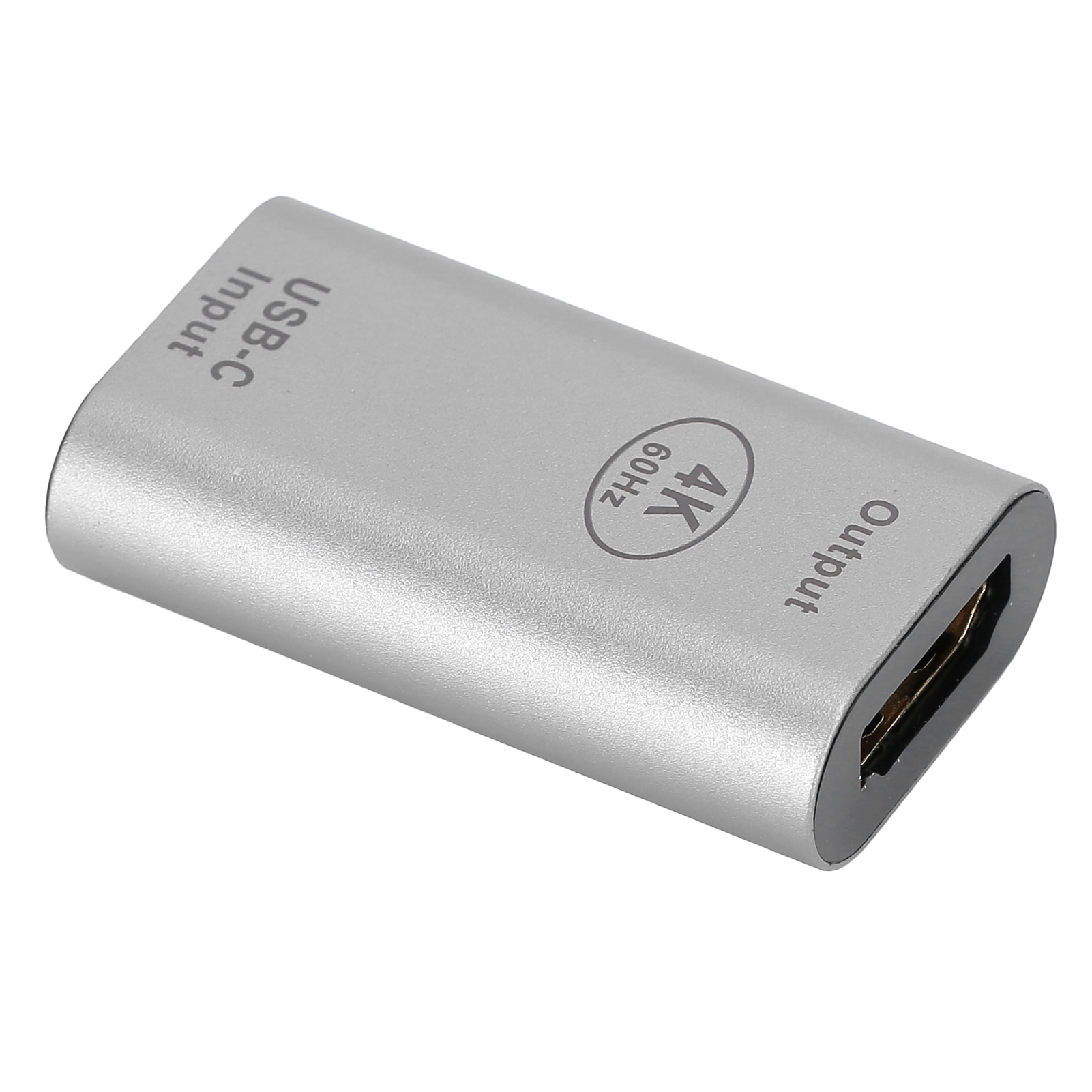 Ein silberner HDMI-Adapter mit USB-C-Eingang und HDMI-Ausgang, beschriftet mit 4K 60Hz. Er befindet sich auf weißem Hintergrund.