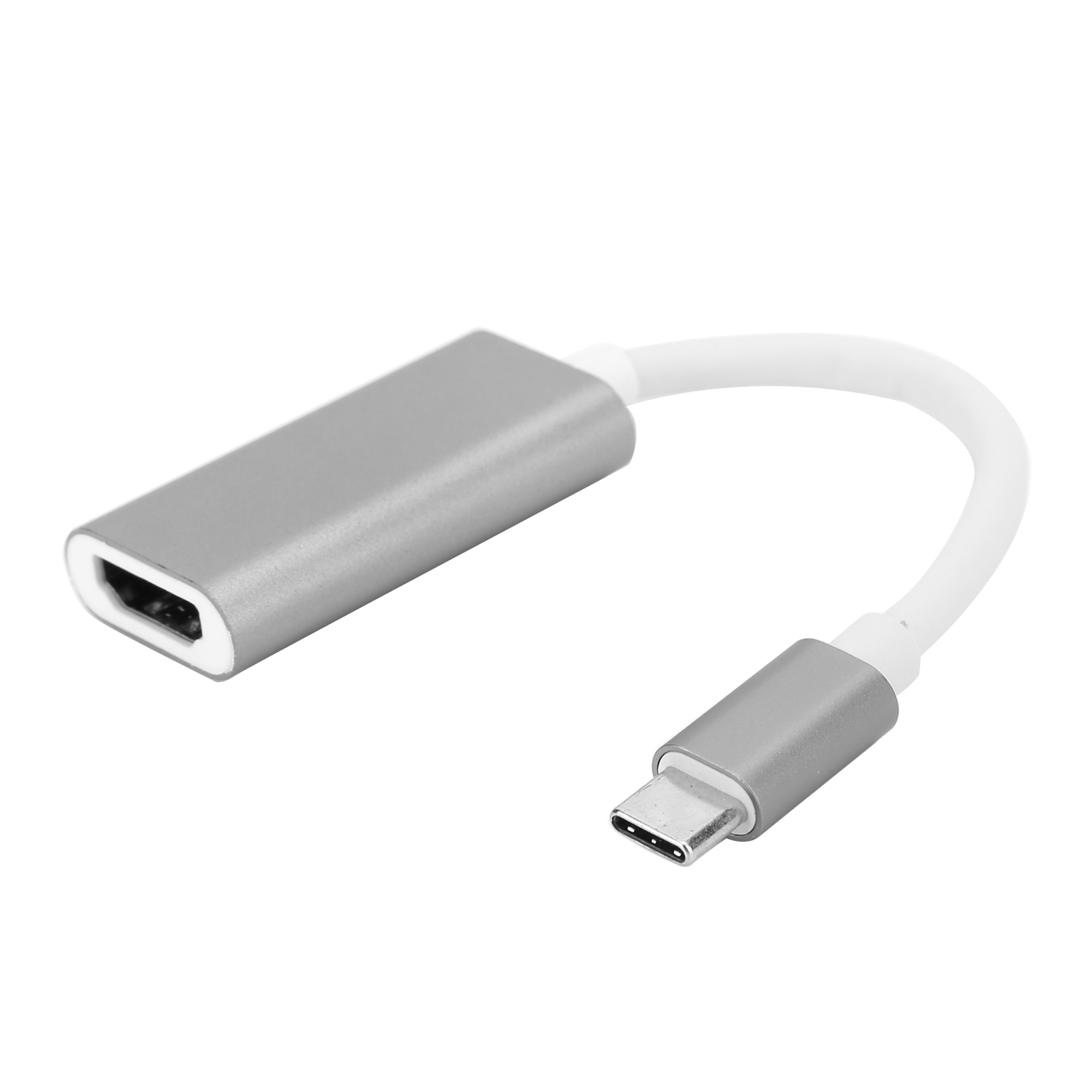 Ein silberner USB-C-zu-HDMI-Adapter. Das Kabel ist weiß. Der Hintergrund ist schlicht weiß.