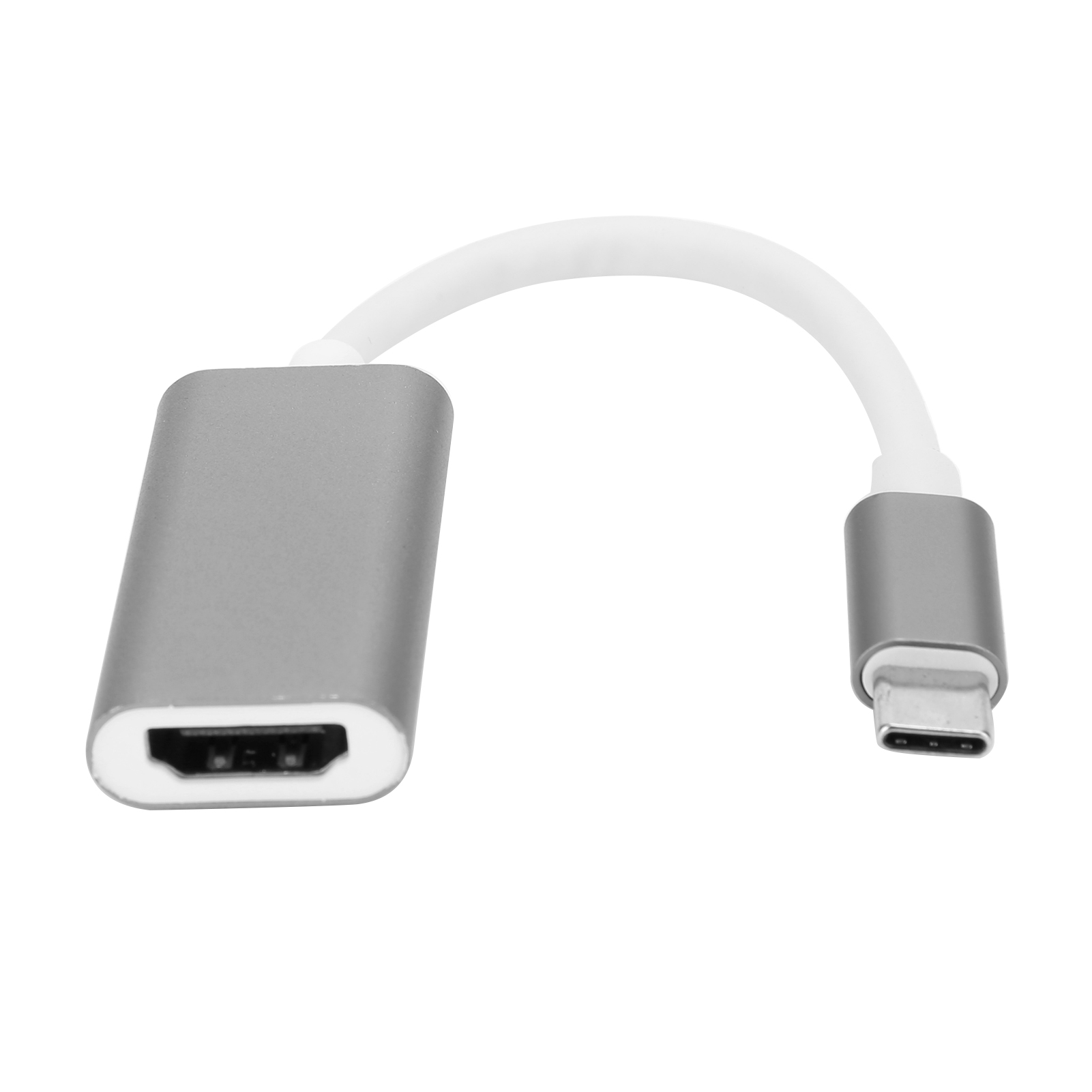 Ein silbernes HDMI-zu-USB-C-Adapterkabel. Ein Ende hat einen HDMI-Anschluss, das andere einen USB-C-Anschluss, verbunden durch ein weißes Kabel.