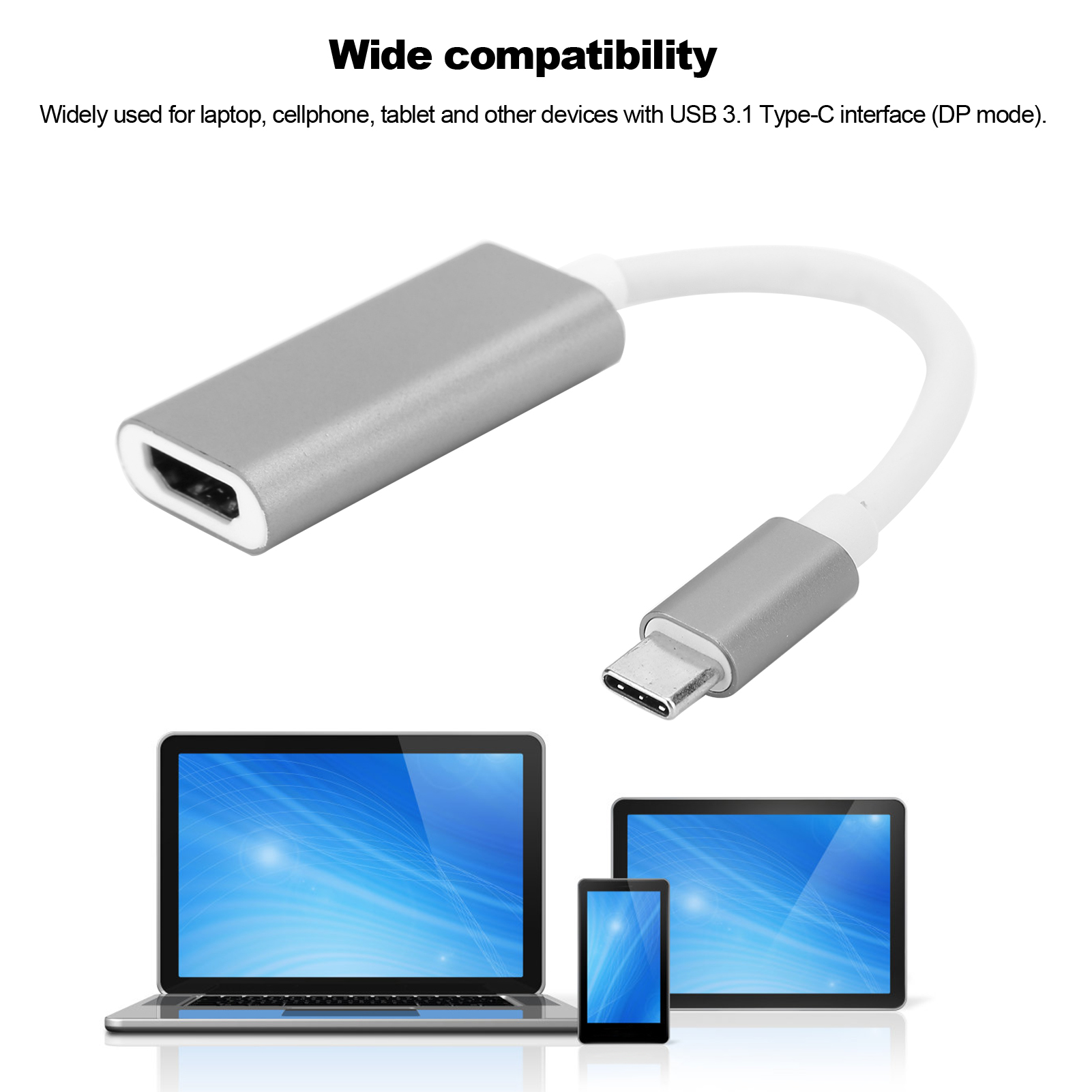 Silberner Adapter mit weißem Kabel, verbunden mit Laptop, Tablet und Telefon. Weißer Hintergrund.