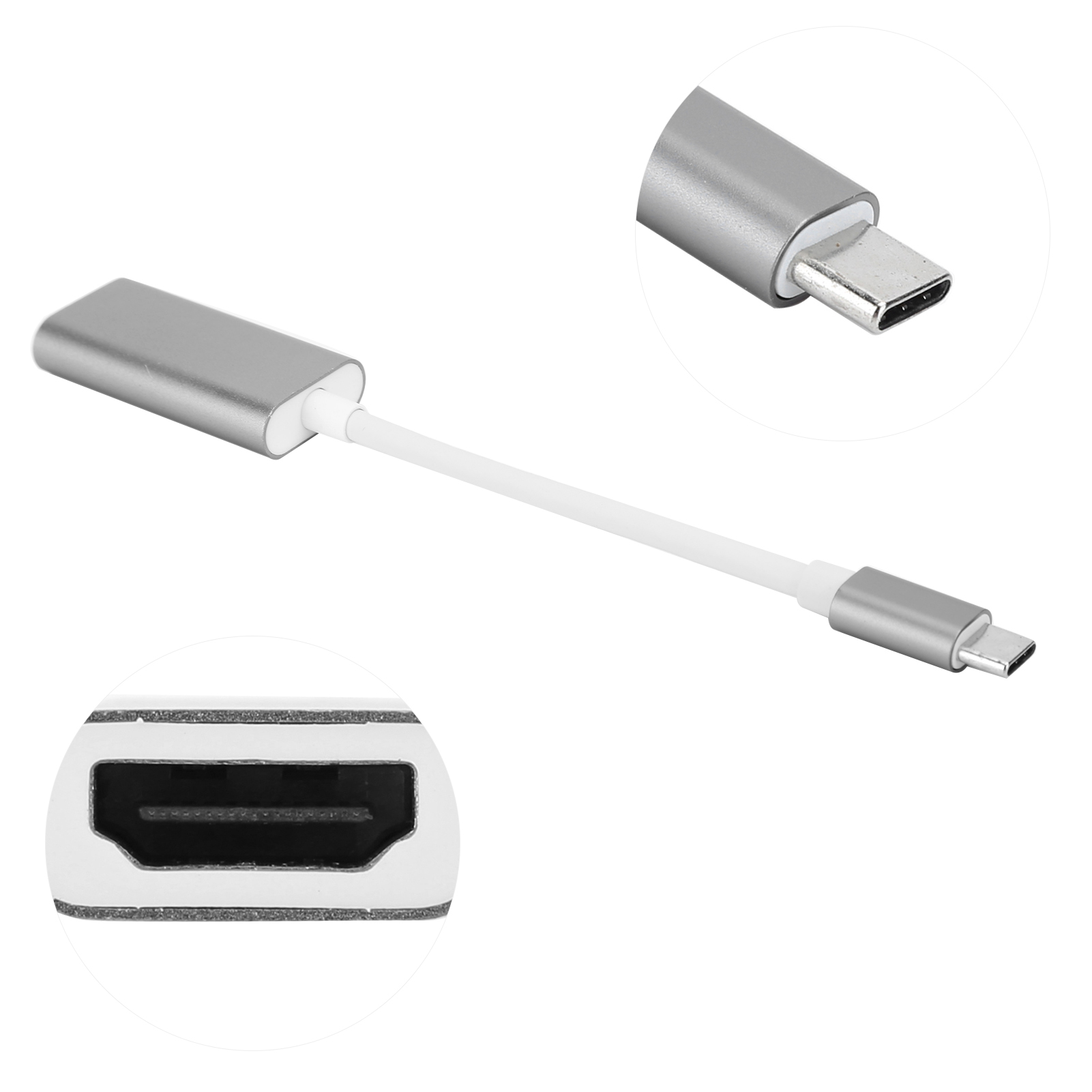 Ein Adapterkabel mit silbernen Steckern und einem weißen Kabel. Es gibt eine Nahaufnahme der HDMI- und USB-C-Enden.