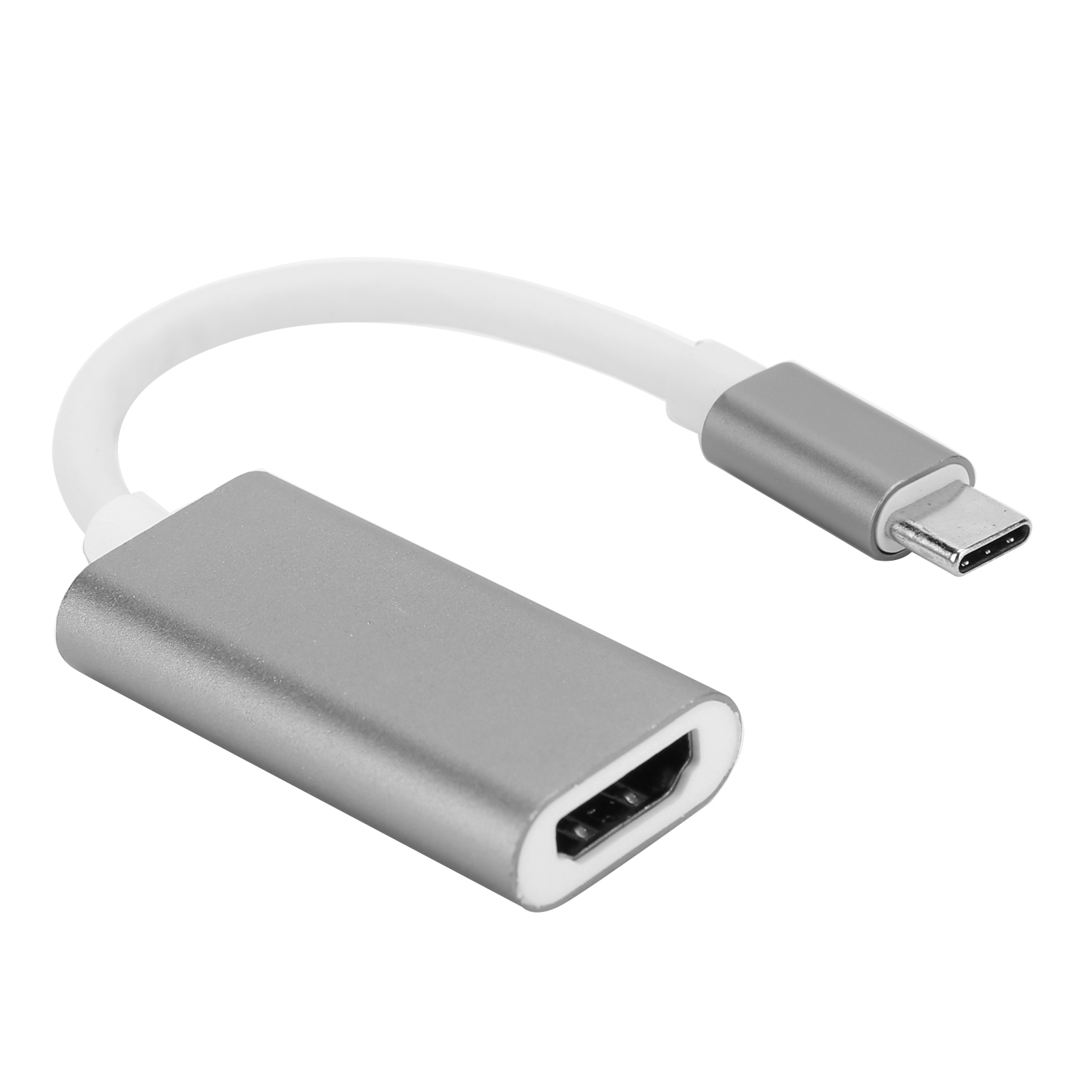 Silberner Adapter mit weißem Kabel. Er hat einen USB-C-Anschluss und einen HDMI-Anschluss. Der Hintergrund ist weiß.