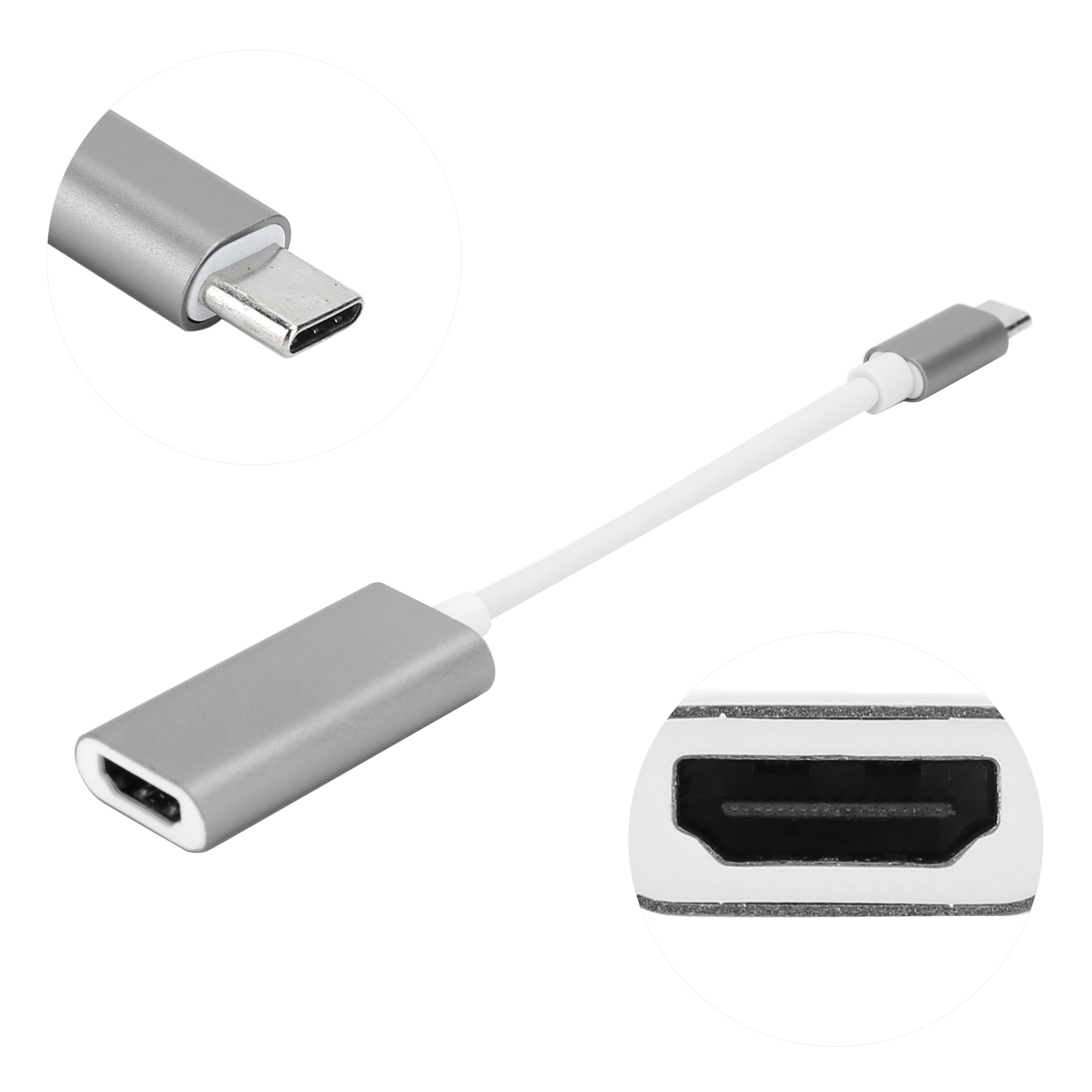 Ein HDMI-zu-USB-C-Adapter. Der Adapter ist silber, weiß und schwarz. Nahaufnahmen des USB-C- und HDMI-Endes werden ebenfalls gezeigt.
