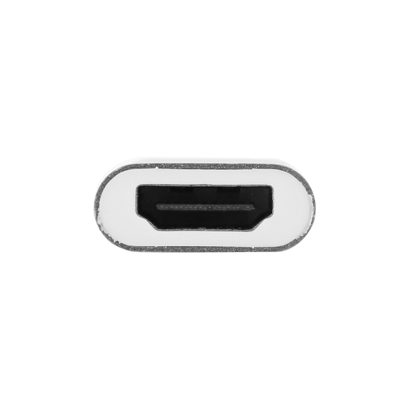 Nahaufnahme eines HDMI-Adapters. Er ist weiß mit einem schwarzen HDMI-Anschluss in der Mitte. Der Hintergrund ist weiß.