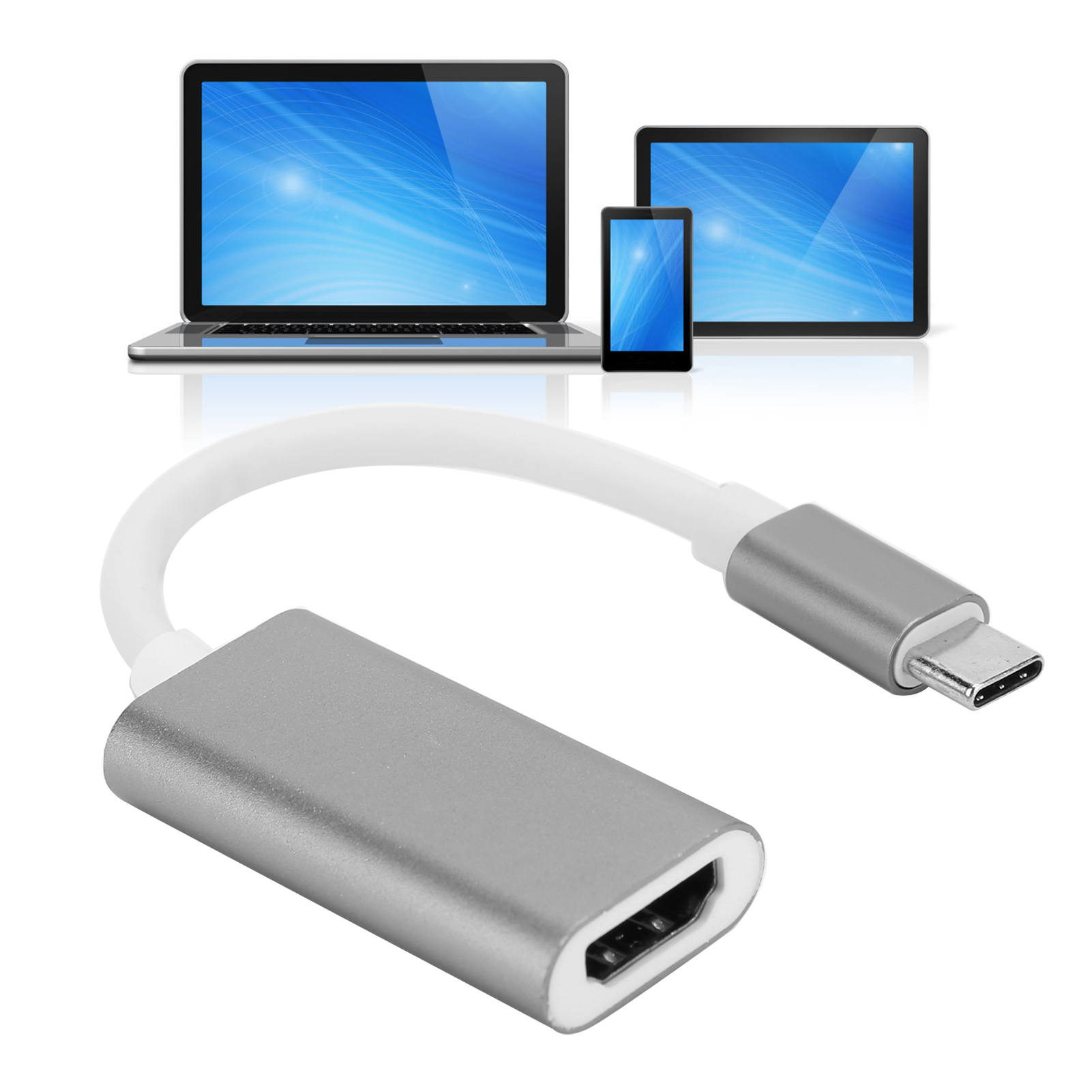 Ein HDMI-Adapter mit USB-C und Displaykabel. Laptop, Tablet und Telefon im Hintergrund mit blauen Bildschirmen.