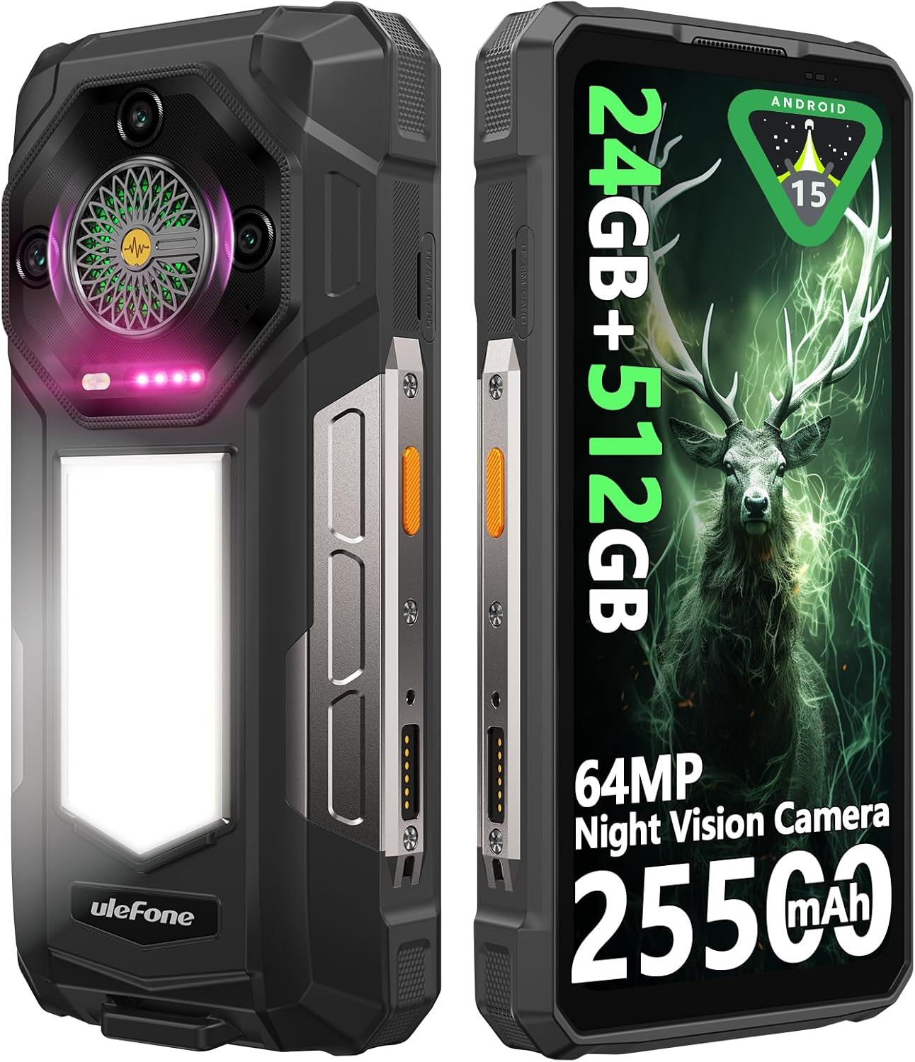 Un robusto telefono Ulefone nero con uno schermo che mostra un cervo, specifiche e il logo Android. Ha una fotocamera e una torcia.