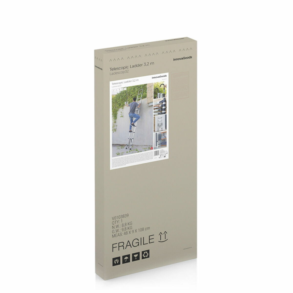 Eine Schachtel einer Teleskopleiter. Die Schachtel zeigt eine Person, die die Leiter benutzt. Der Text enthält "FRAGILE" und Produktdetails.