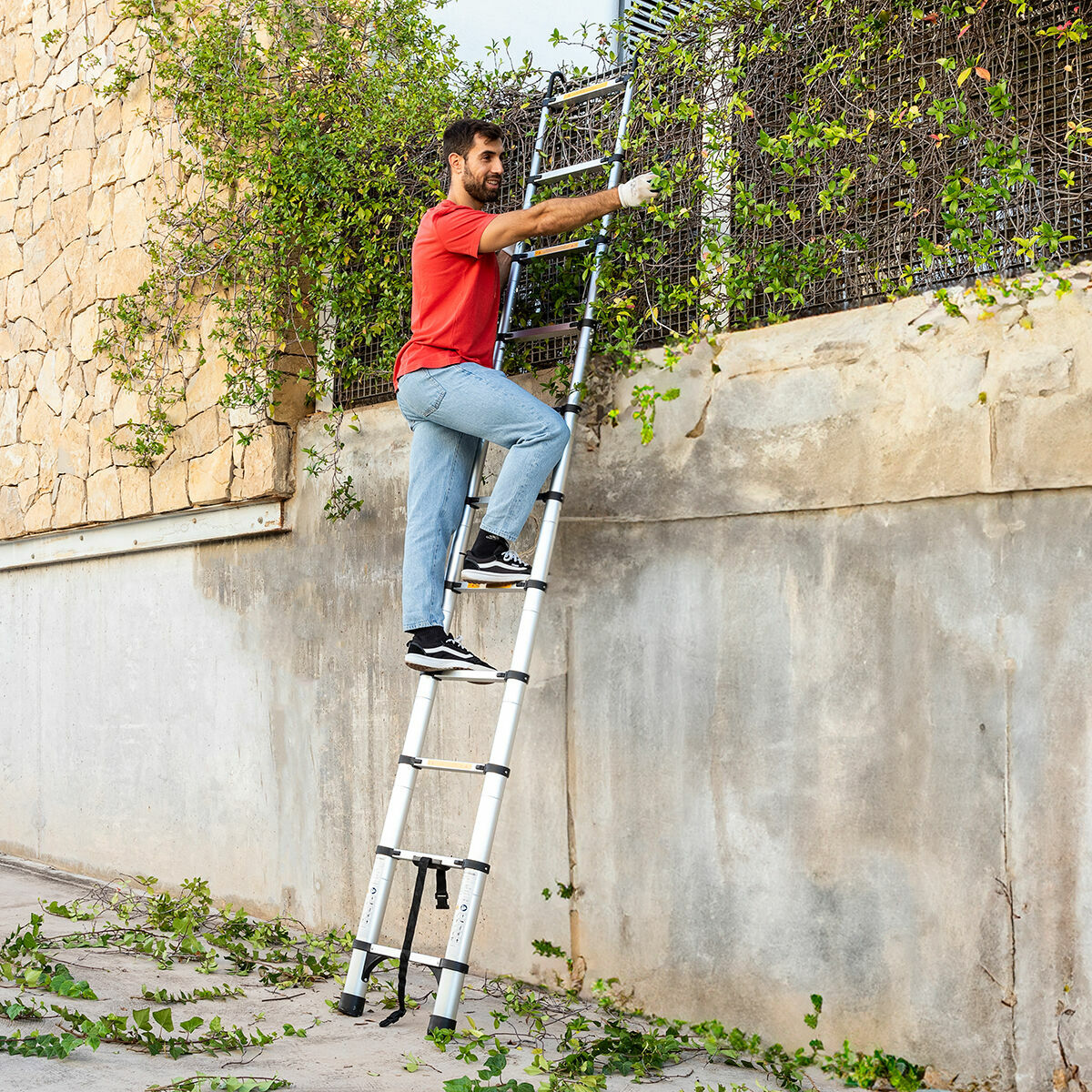 Ein Mann auf einer Leiter schneidet eine grüne Hecke. Er trägt ein rotes Hemd, blaue Jeans und Handschuhe. Der Hintergrund ist eine Steinmauer.