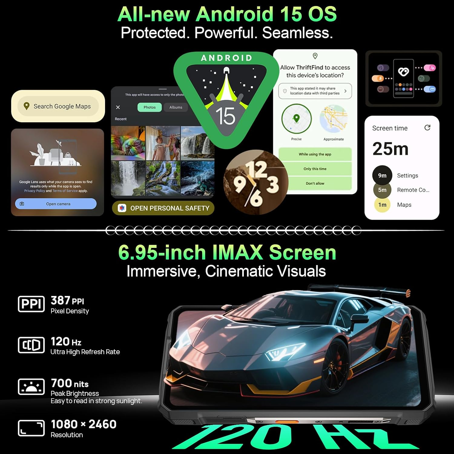 Annuncio Android 15 OS con schermo del telefono che mostra un'auto e icone di app. Le informazioni includono dimensioni dello schermo, frequenza di aggiornamento e densità di pixel.
