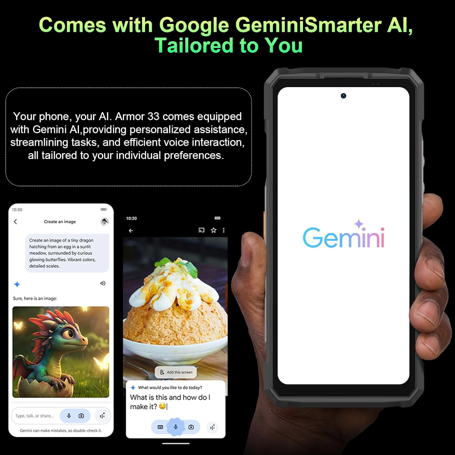 Una persona tiene in mano un telefono che mostra il logo Gemini. Altri due telefoni mostrano la generazione di immagini AI e un dessert. Testo: Su misura per te.