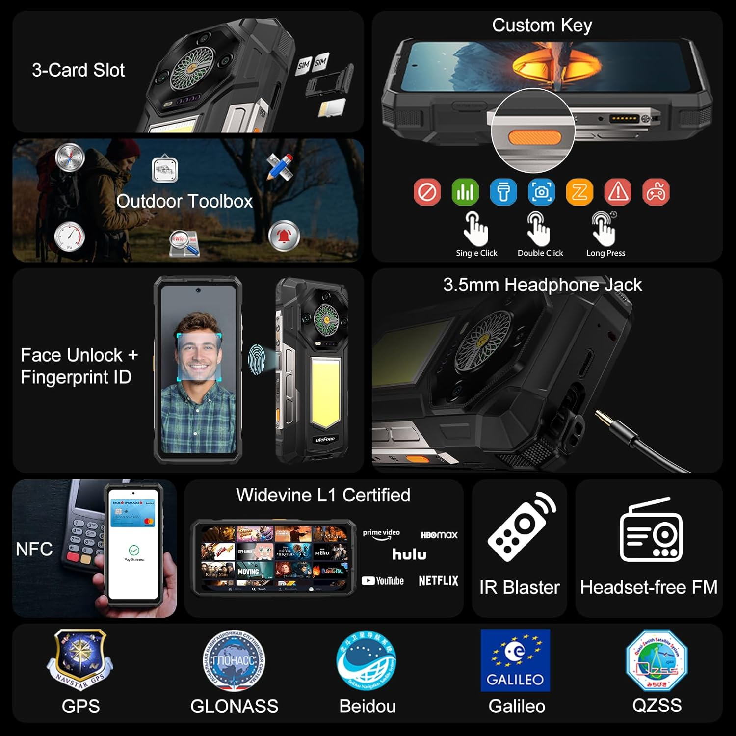Uno smartphone rugged con slot per 3 schede, riconoscimento facciale, NFC e servizi di streaming. Include anche GPS.