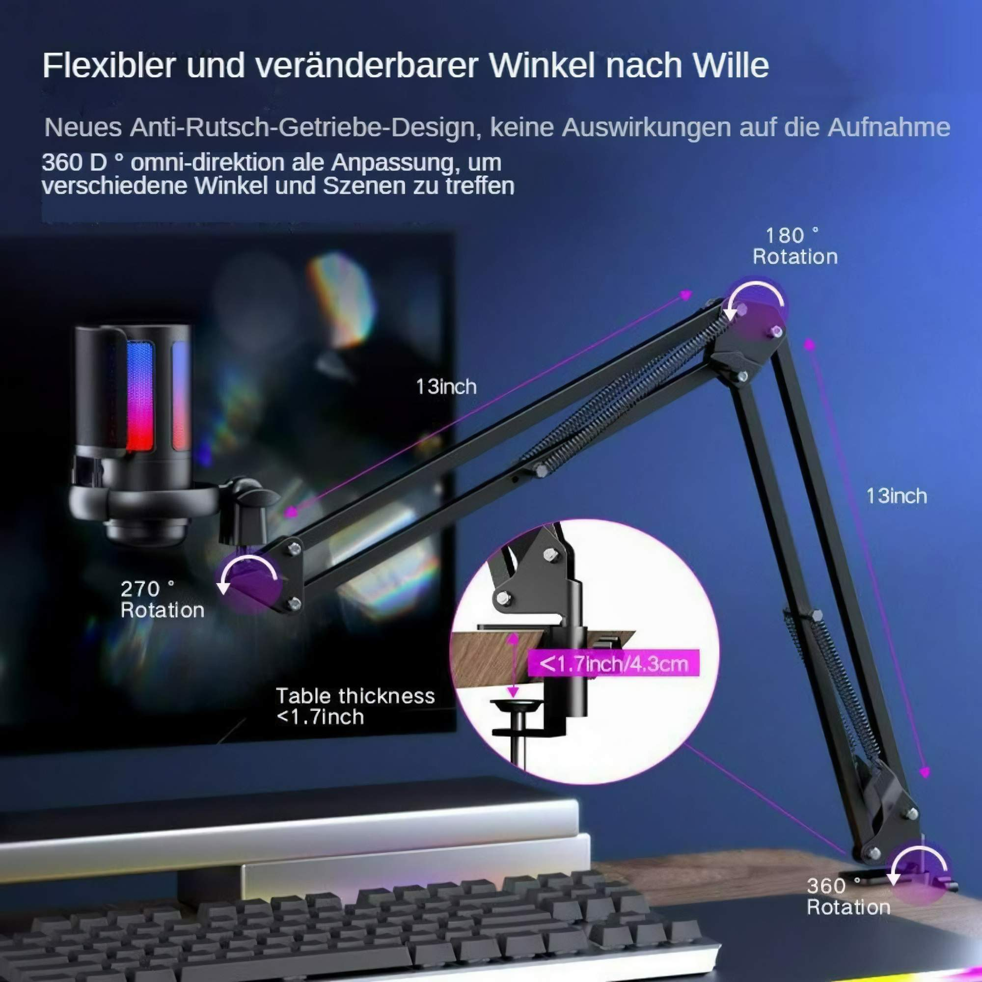 Ein Mikrofonständer mit Mikrofon, Tastatur und Tisch. Der Ständer kann sich um 360 Grad drehen.