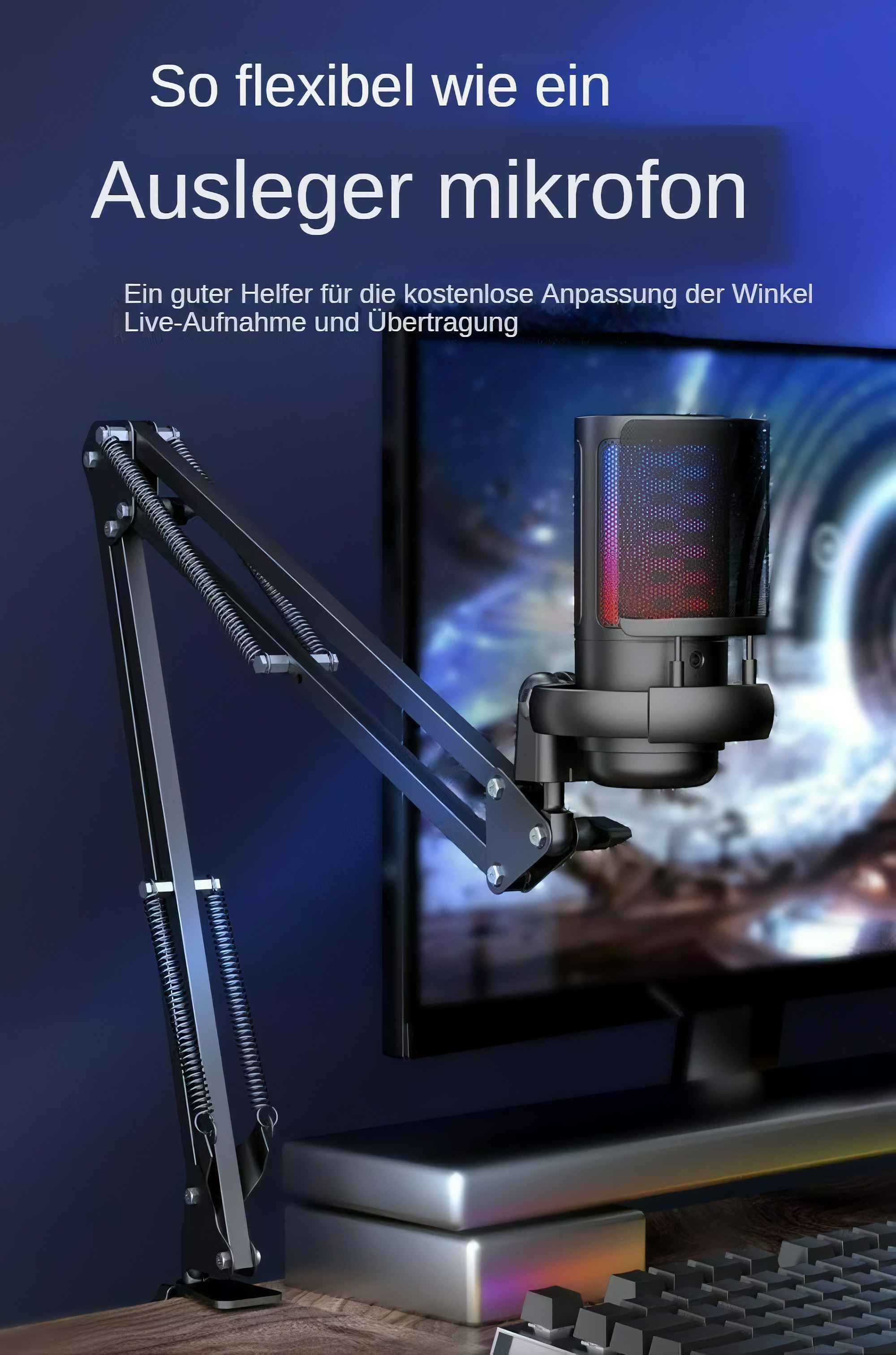 Ein Mikrofon an einem flexiblen Arm. Oben steht: 'So flexibel wie ein Ausleger mikrofon'.