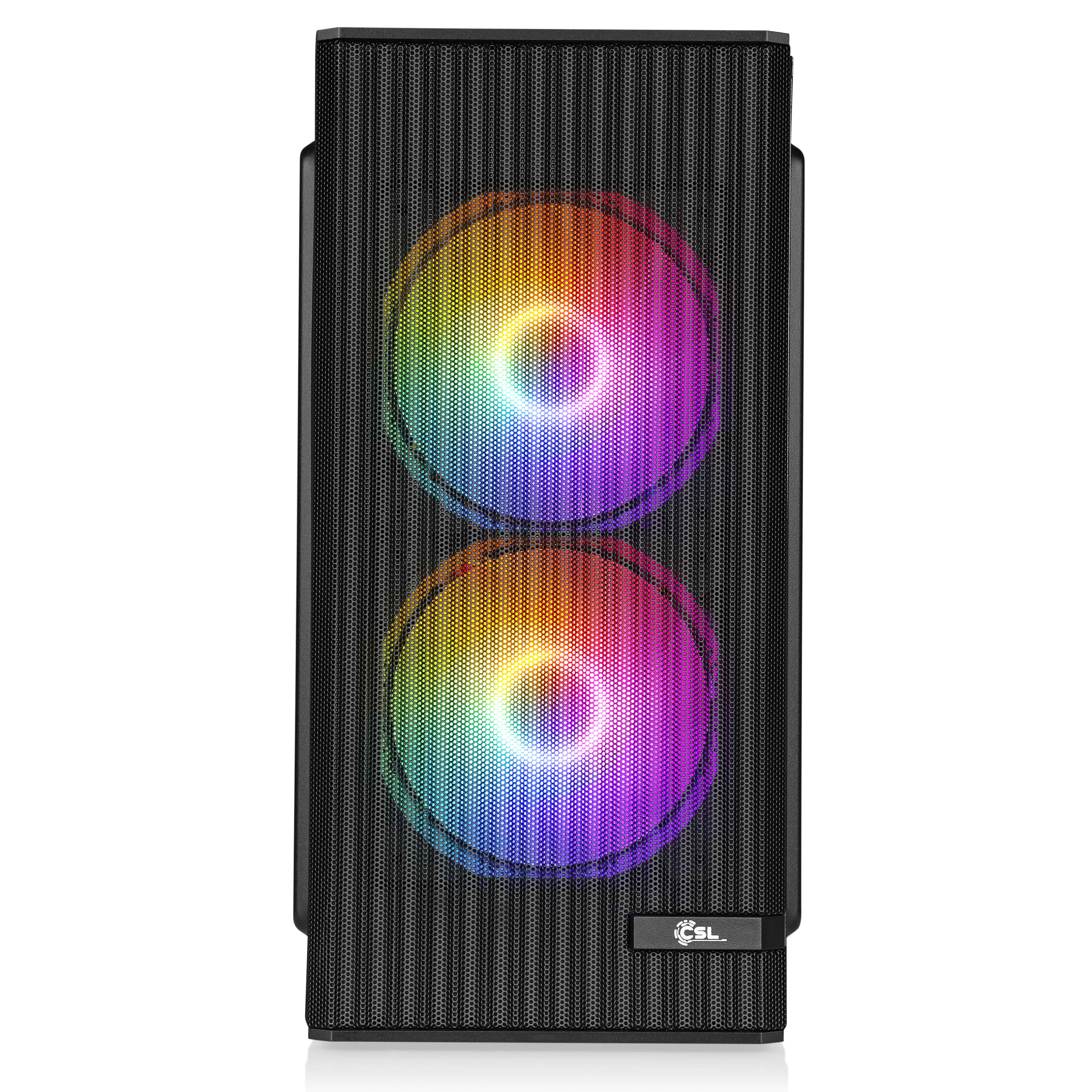 Ein schwarzes Computergehäuse mit Mesh-Front. Zwei Lüfter mit Regenbogenbeleuchtung sind sichtbar.