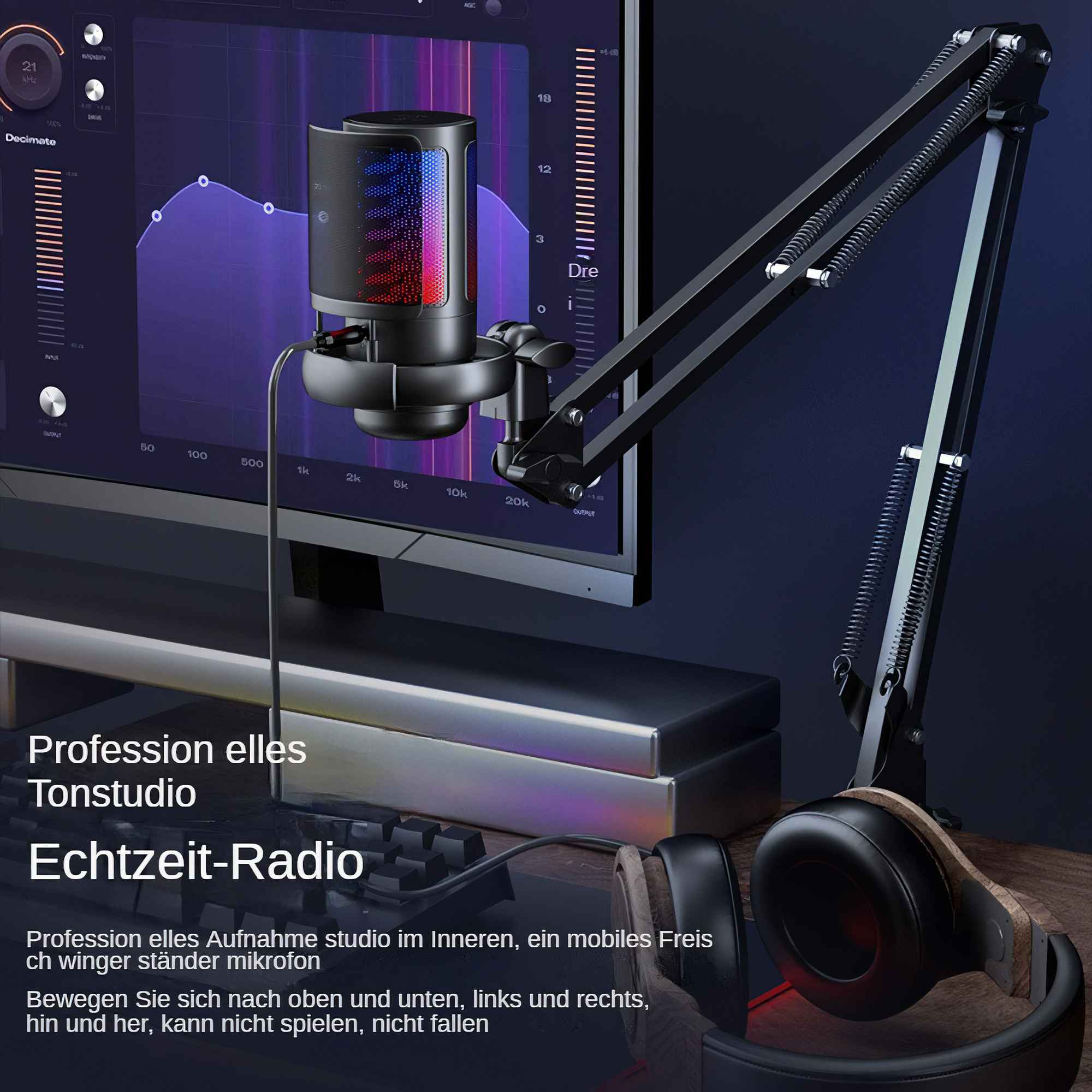 Ein Mikrofon mit rotem und blauem Licht, Kopfhörer und ein Computerbildschirm mit einem Audiospektrumanalysator.