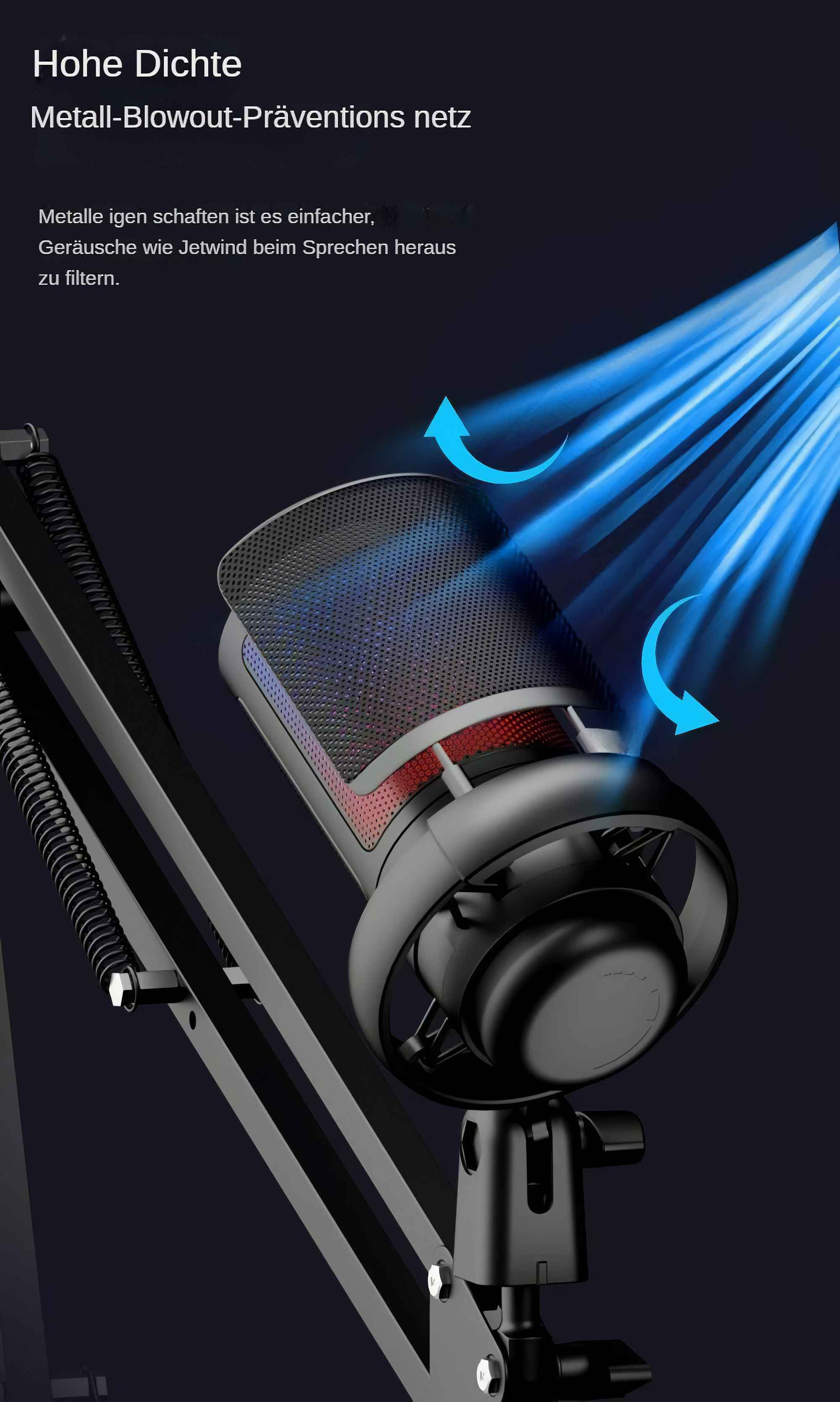 Ein Mikrofon mit Mesh-Kopf, schwarzem Sockel und blauen Lichteffekten. Ein schwarzer Arm stützt das Mikrofon auf dunklem Hintergrund.