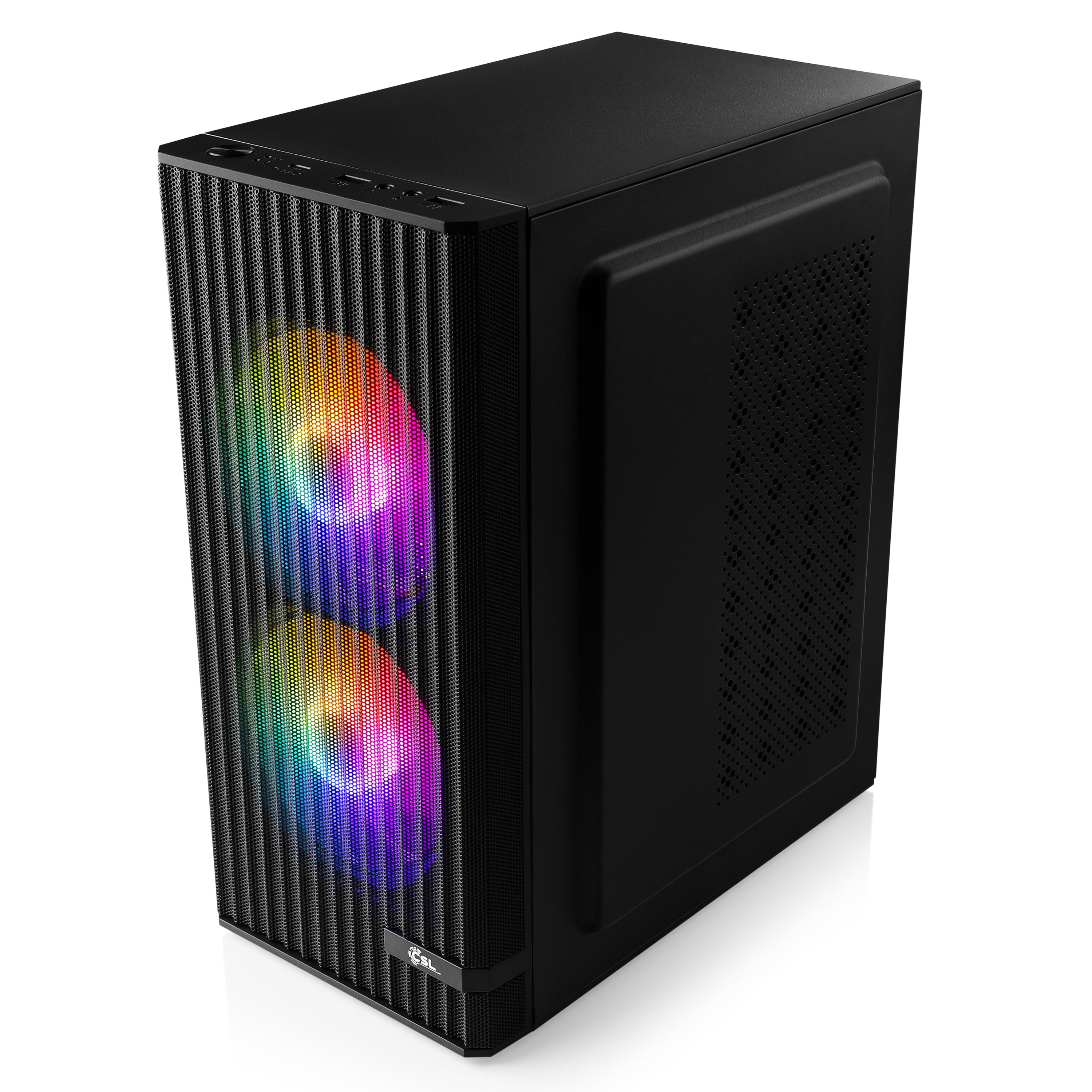 Schwarzes Computergehäuse mit Mesh-Front. Zwei Lüfter mit Regenbogenlichtern sind durch das Mesh sichtbar.